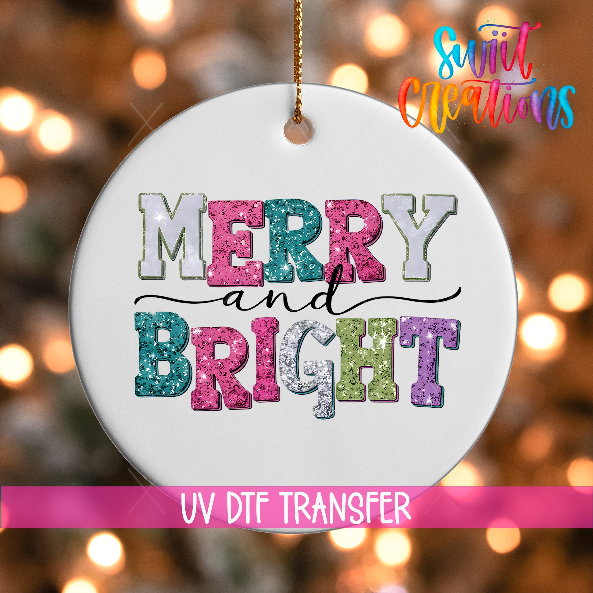 A white ornament with the text "MERRY and BRIGHT" in colorful glitter letters, hanging against a background of blurred lights.