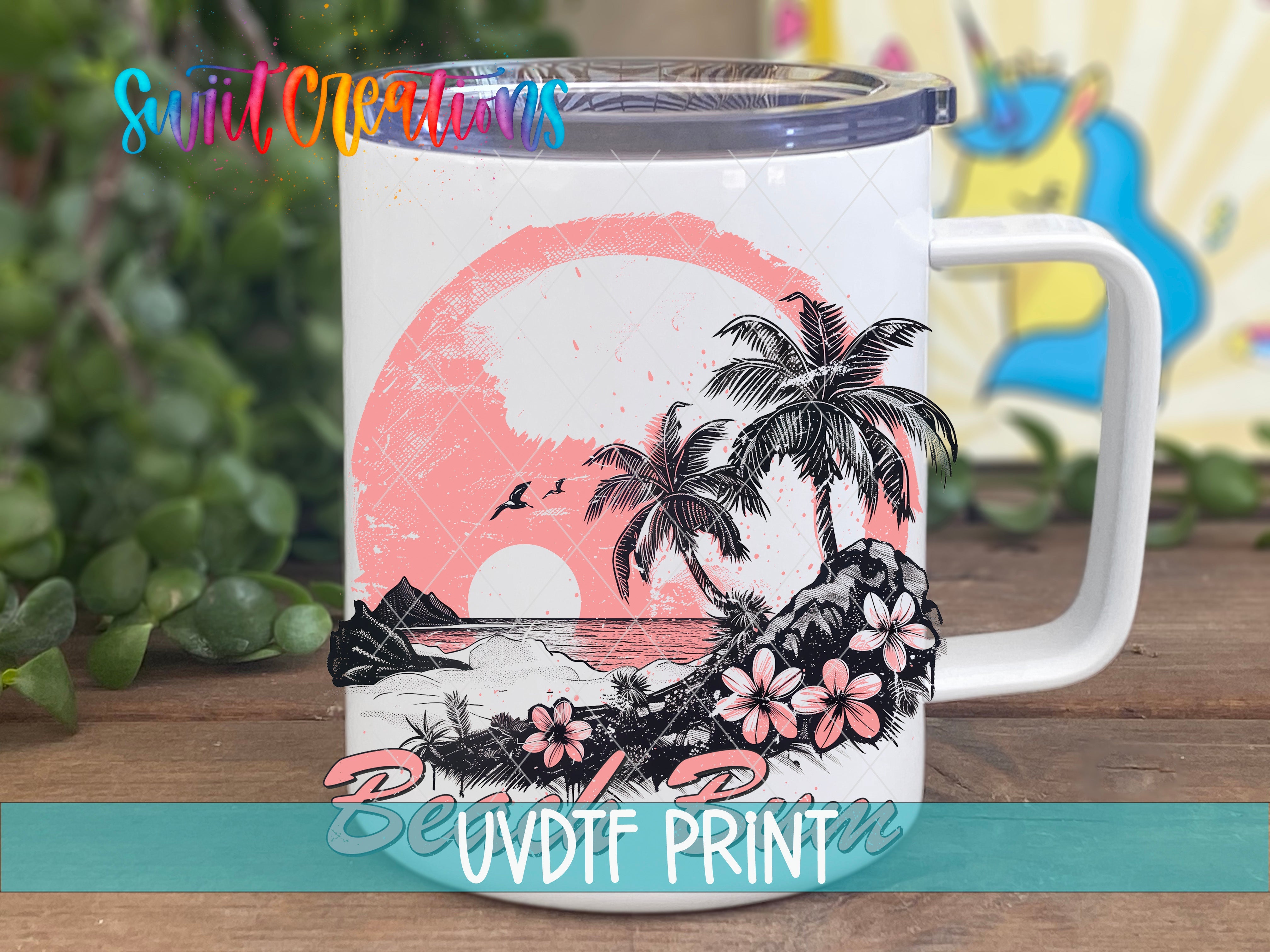 a white coffee mug with a sunset and palm trees on it