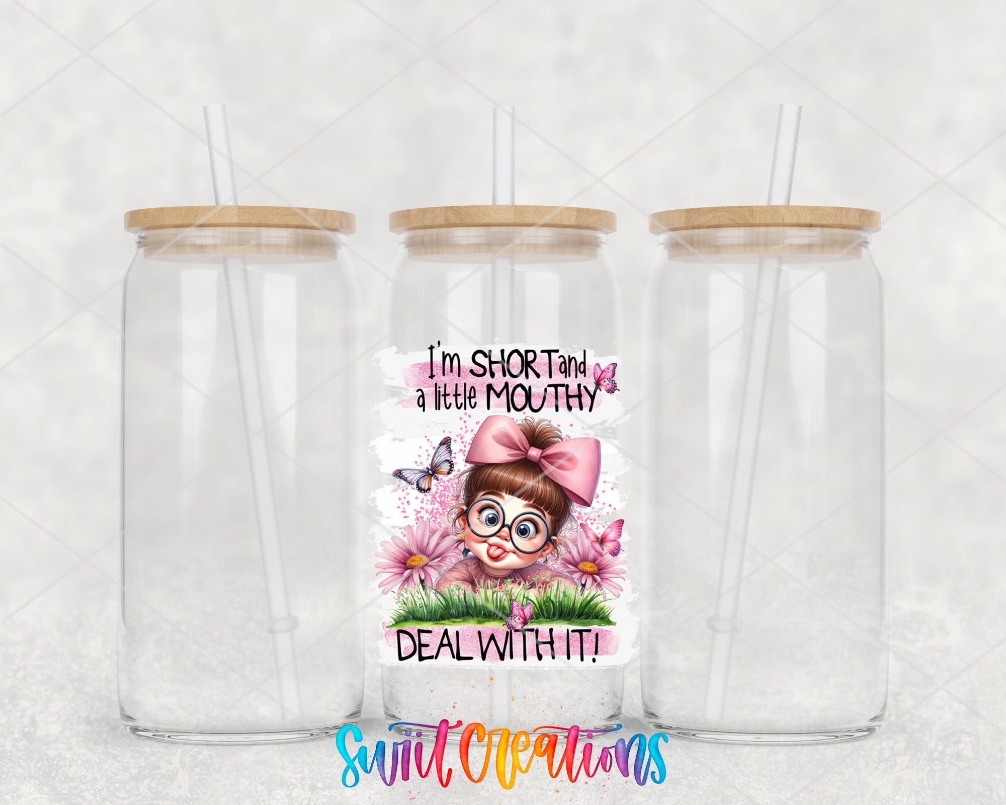 two clear tumblers with a picture of a girl with a pink bow and a