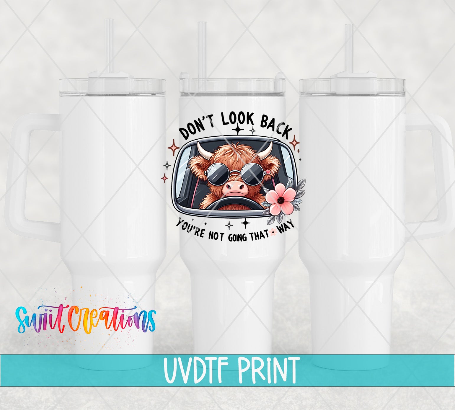 a white tumbler with a picture of a cow on it