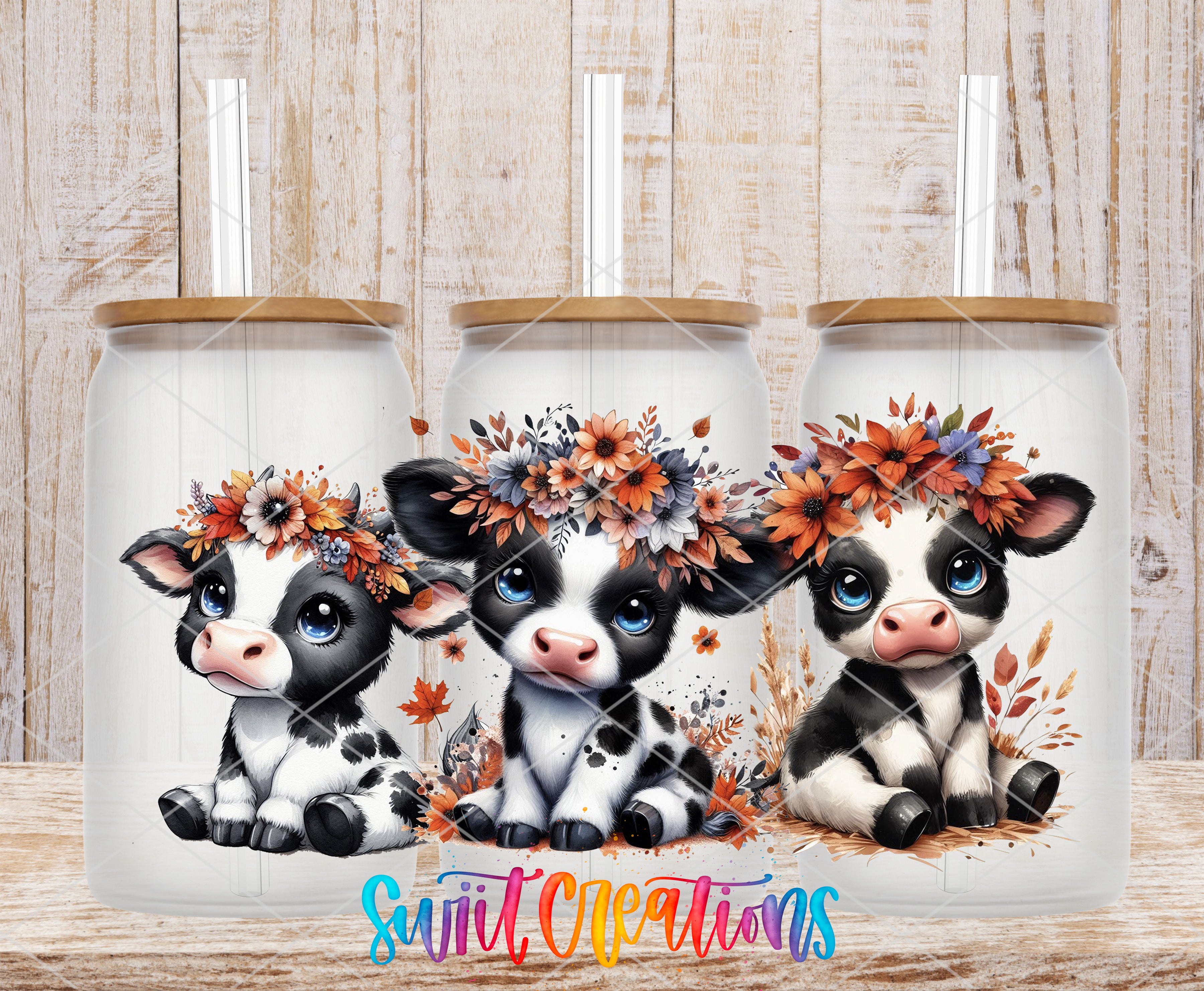 Three white tumblers with black and white cow illustrations and flower crowns on top, arranged in a row against a wooden background.