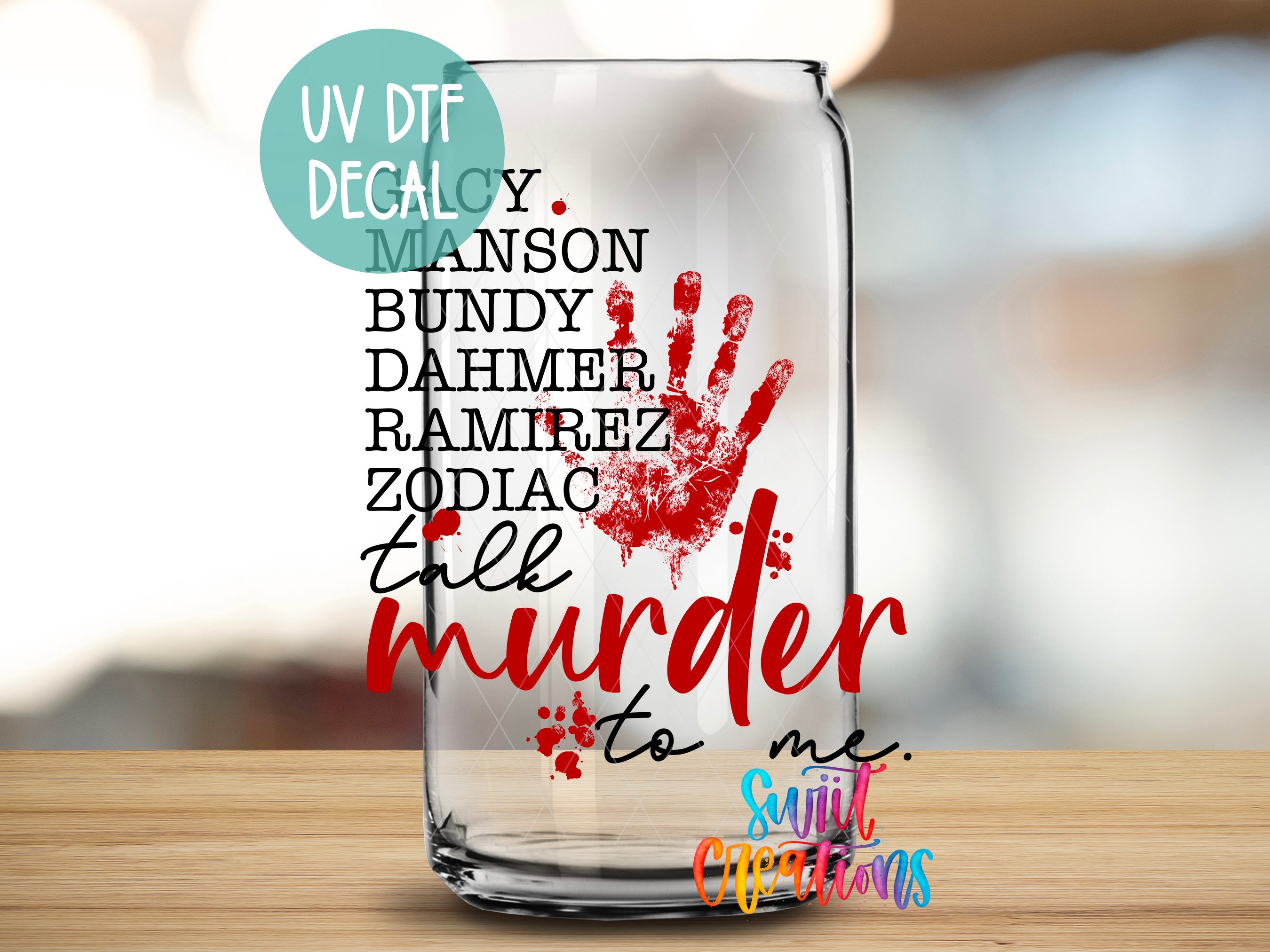 a glass can with a handprint and text printed on it, placed on a wooden surface.