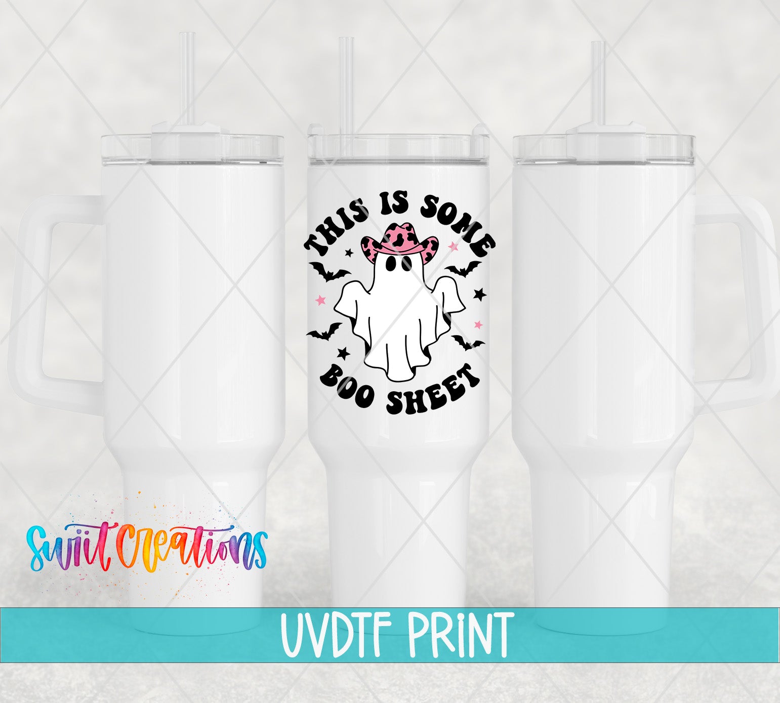 three white tumblers with a graphic design on them, including a ghost wearing a pink hat and the text "This is some BOO sheet".