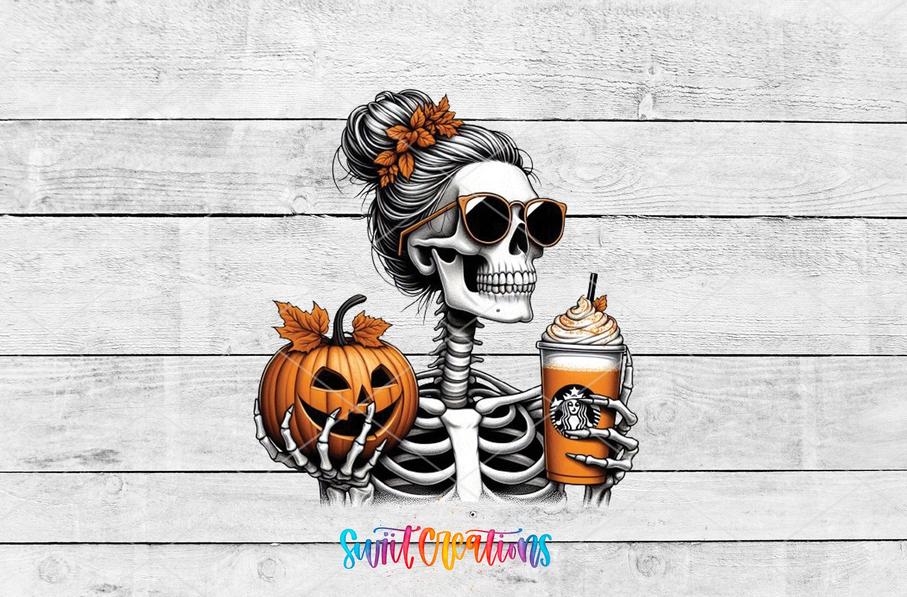 a skeleton holding a drink and a pumpkin
