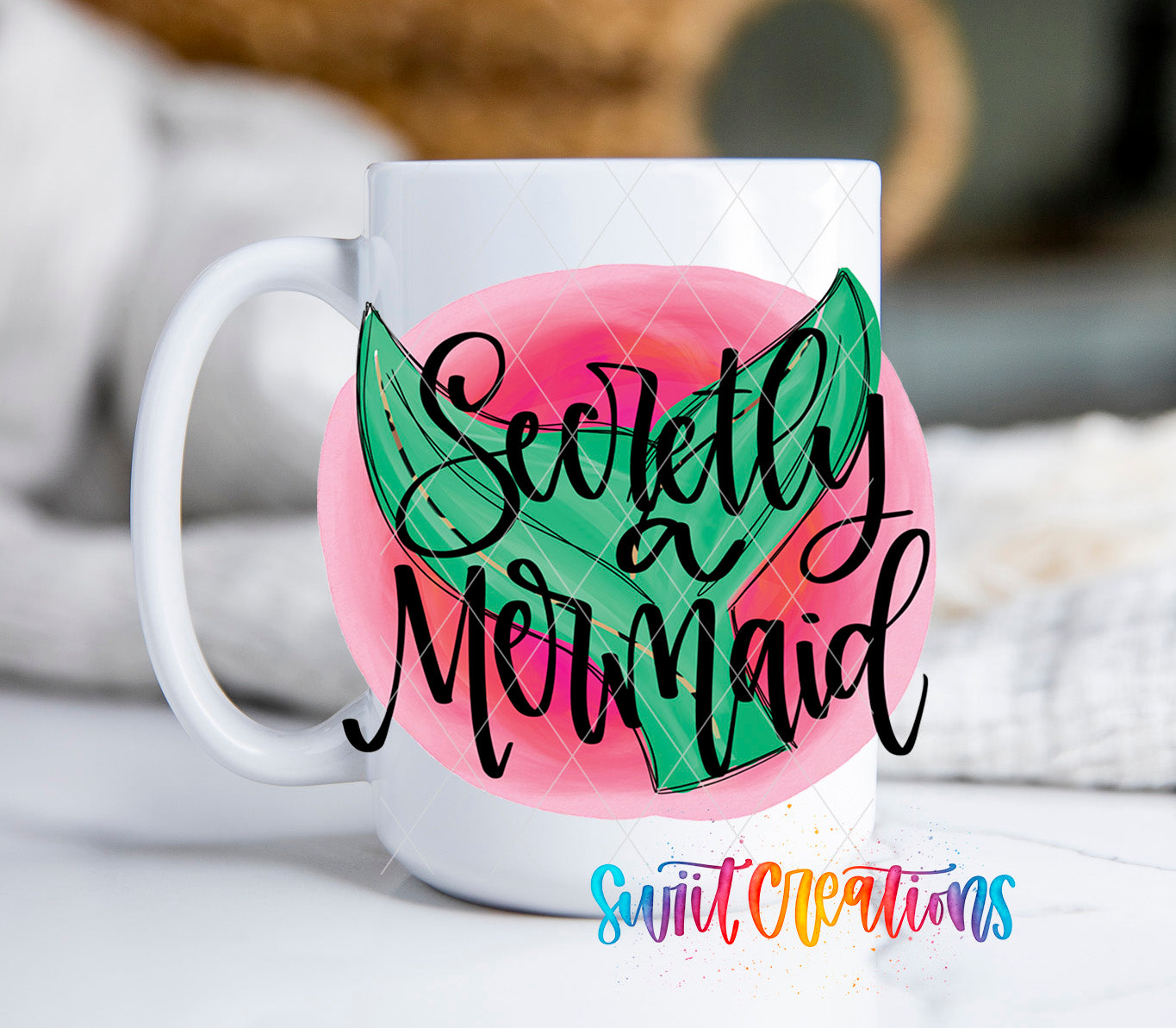 a white coffee mug with the words smelly mermaid on it
