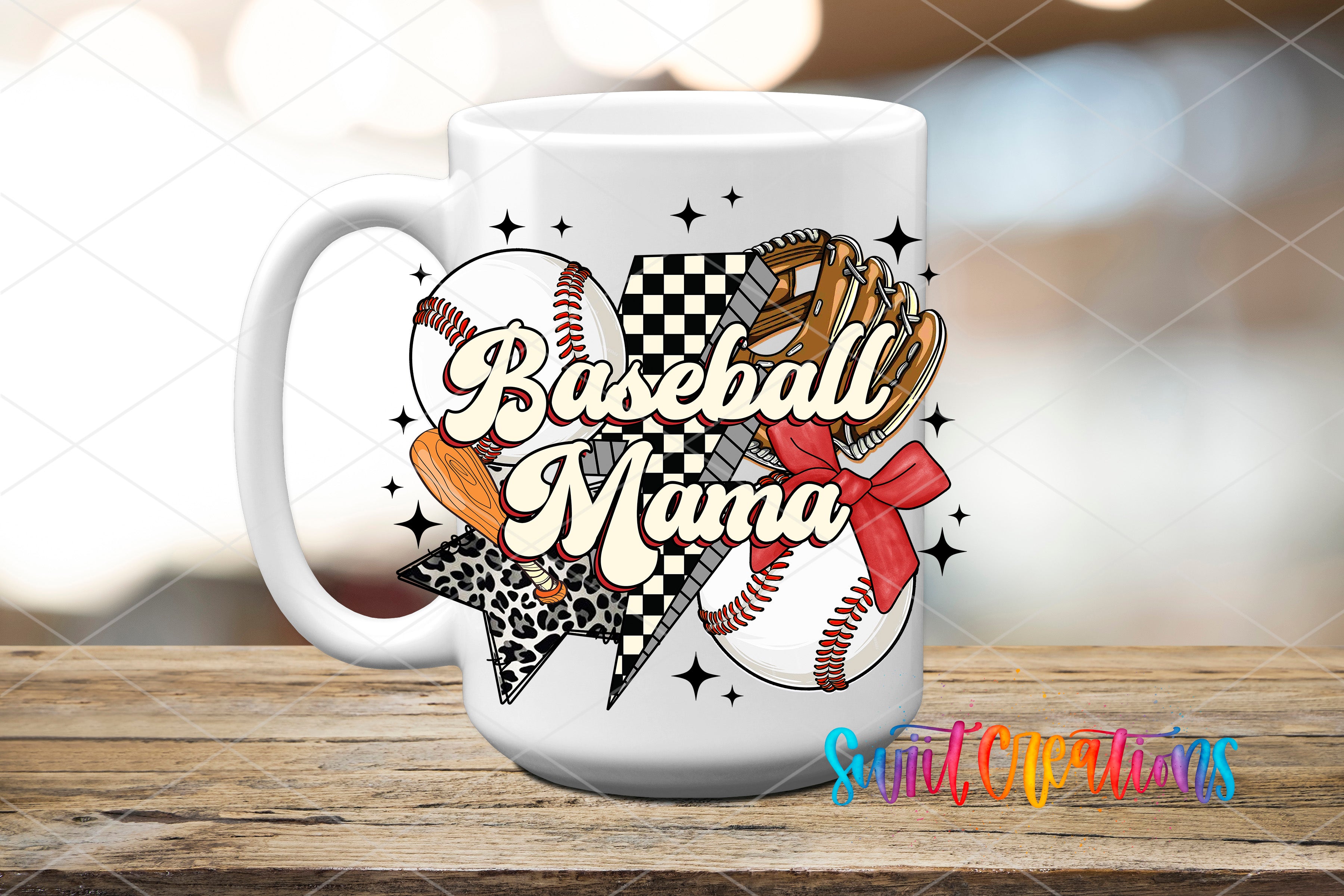 A white mug with a baseball-themed design, including a baseball, glove, and ball, along with the text "Baseball Mama" written on it.