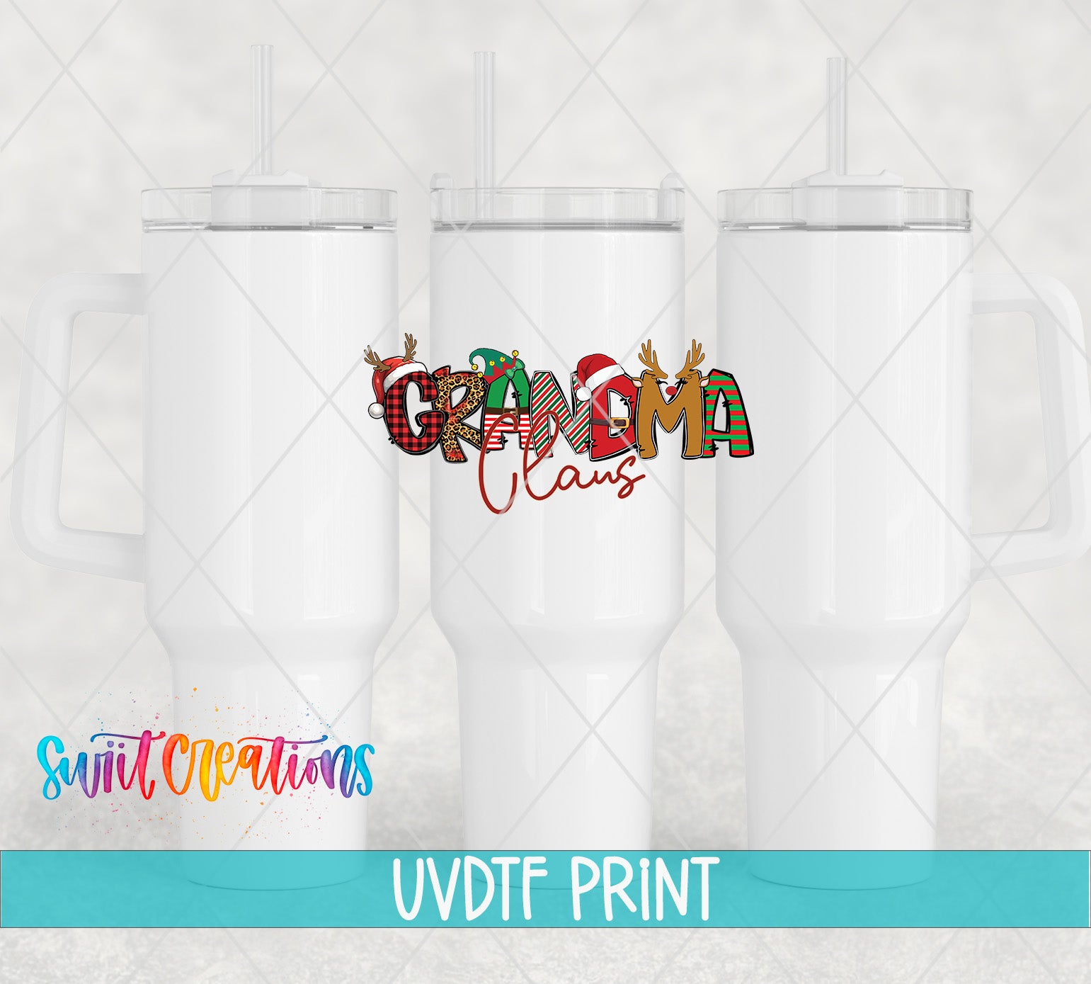 three white coffee mugs with the word grandma on them