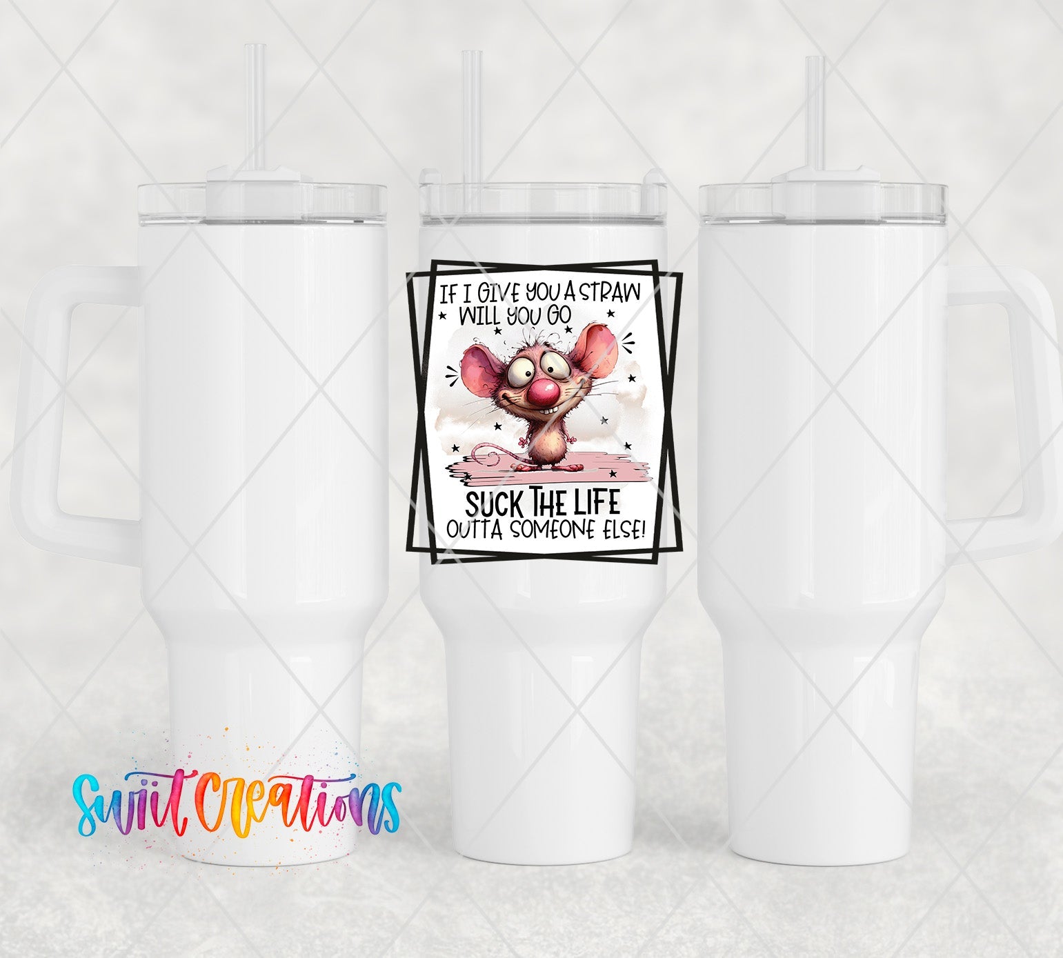 a white tumbler with a picture of a mouse on it