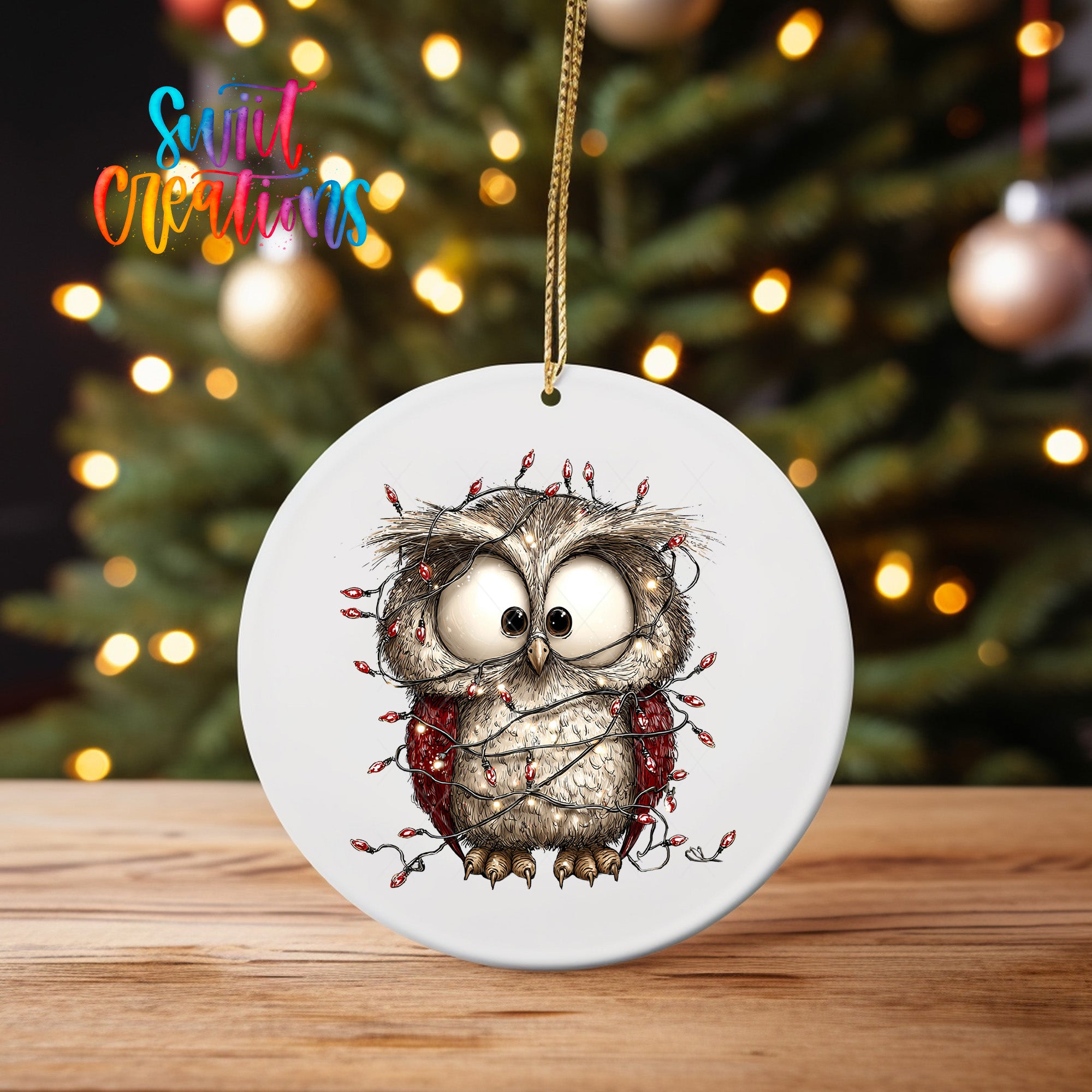 A white ceramic ornament featuring a whimsical illustration of an owl with a string of lights wrapped around it, set against a blurred background of a Christmas tree with twinkling lights.