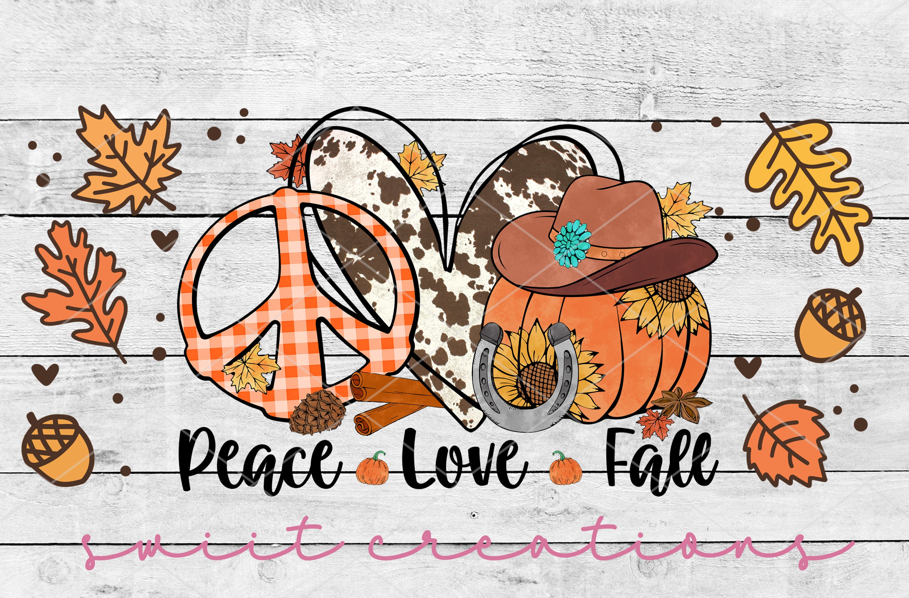 a peace love fall sign surrounded by fall leaves