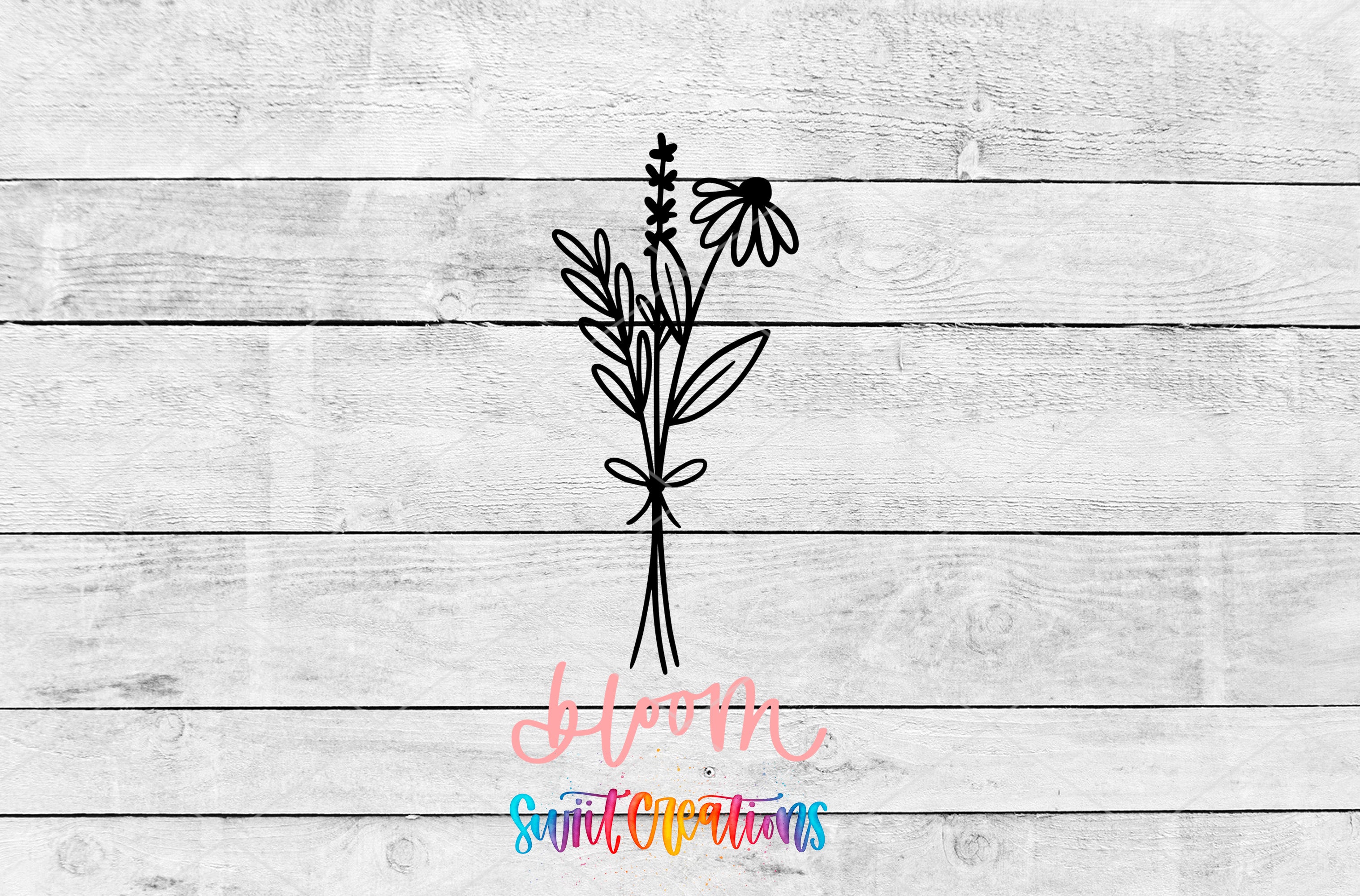 A simple black and white line drawing of a flower on a wooden background, accompanied by the text "Blooms" and "Swift Operations" in a colorful, cursive font.