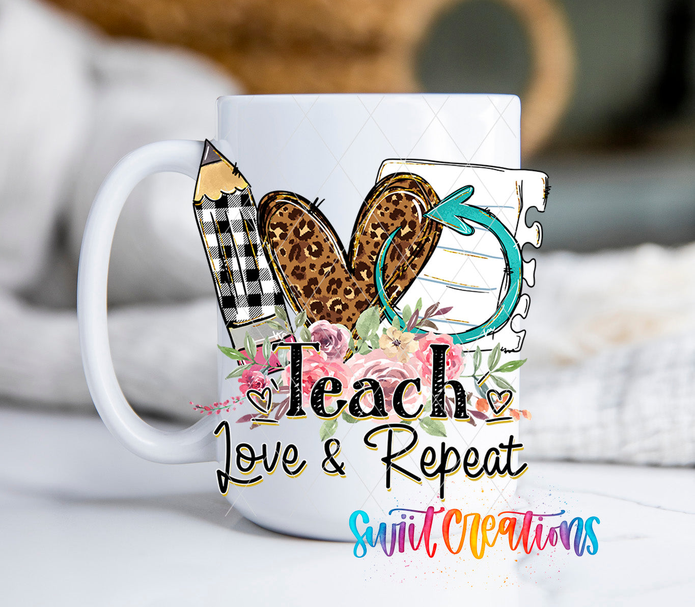 a white coffee mug with a design on it