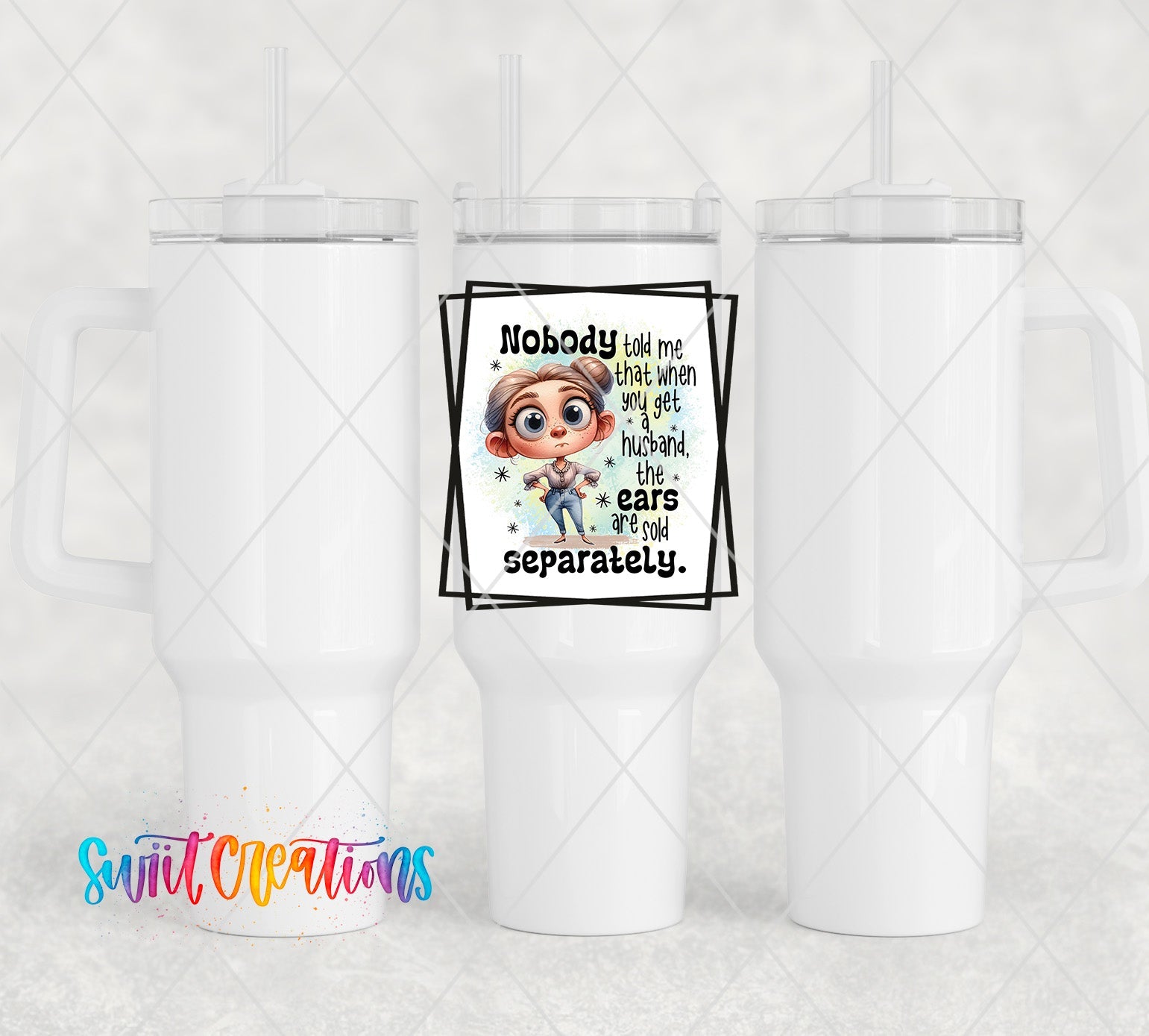 a white cup with a picture of a girl on it