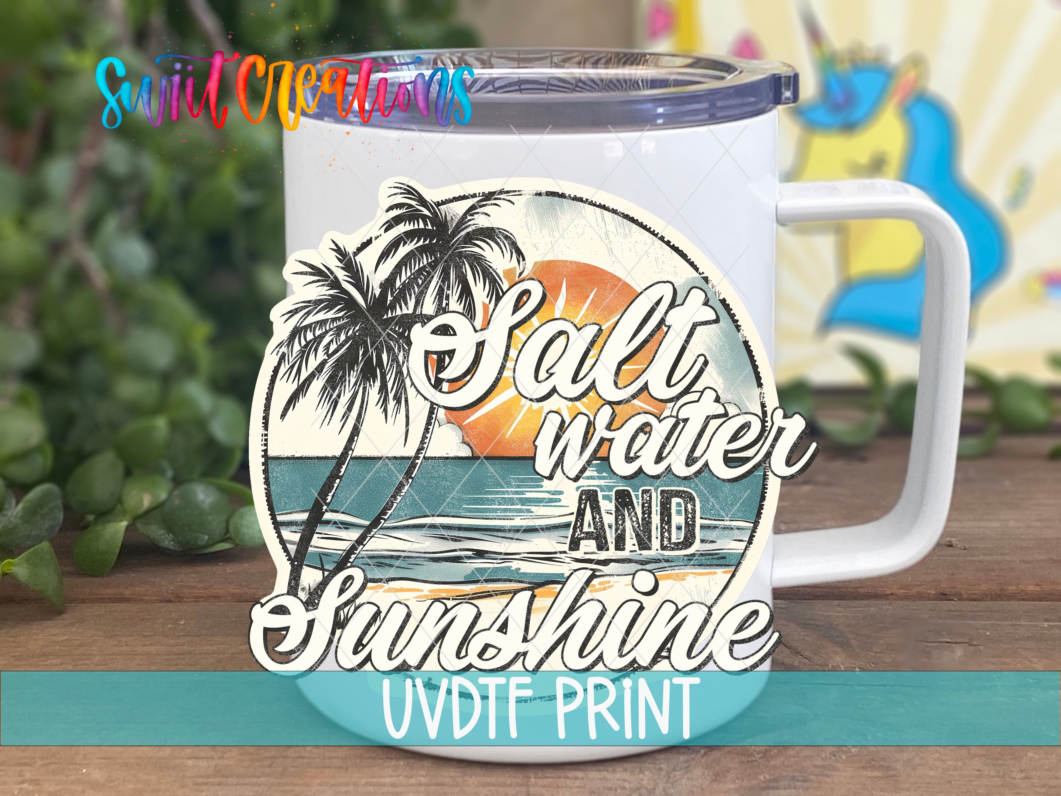 a white coffee mug with a palm tree on it