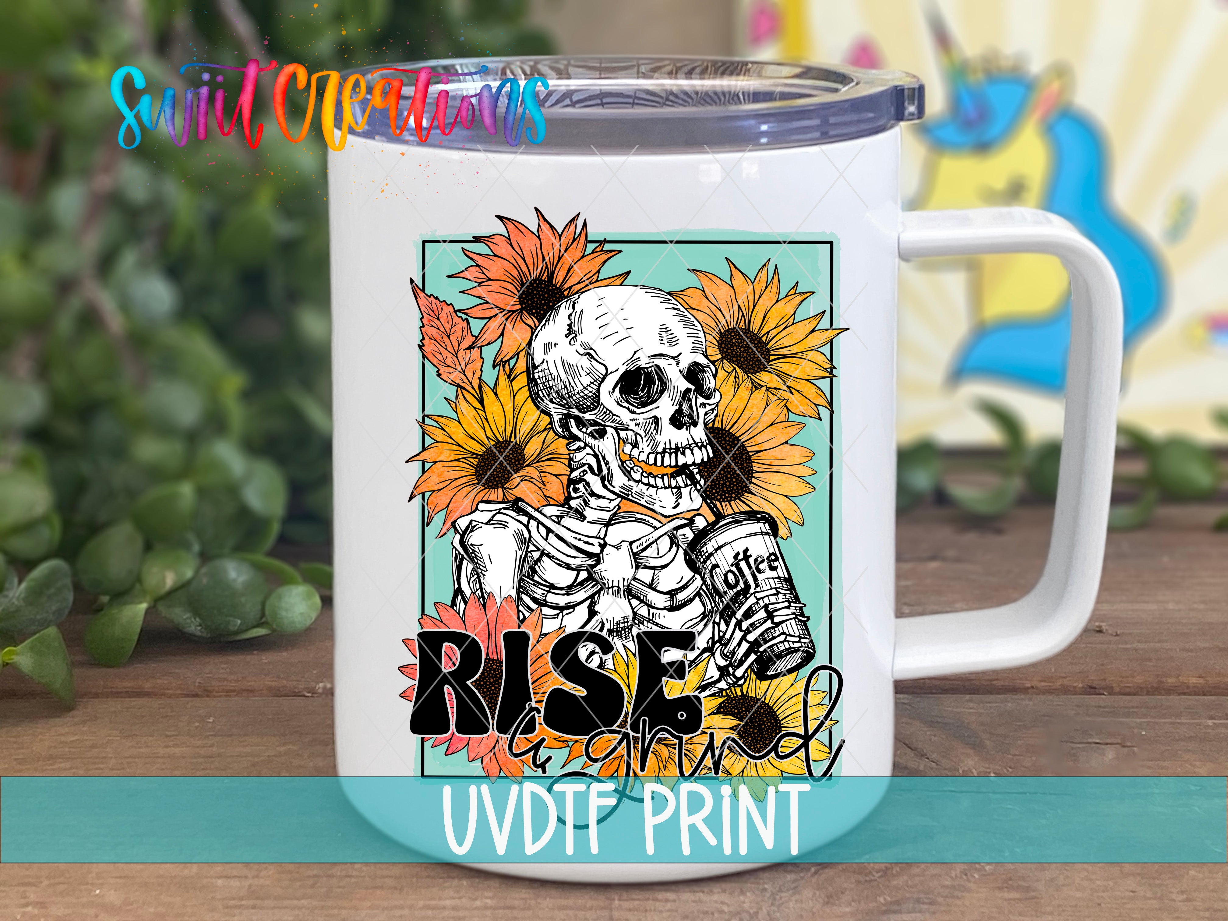 a white coffee mug with a skeleton holding a sunflower