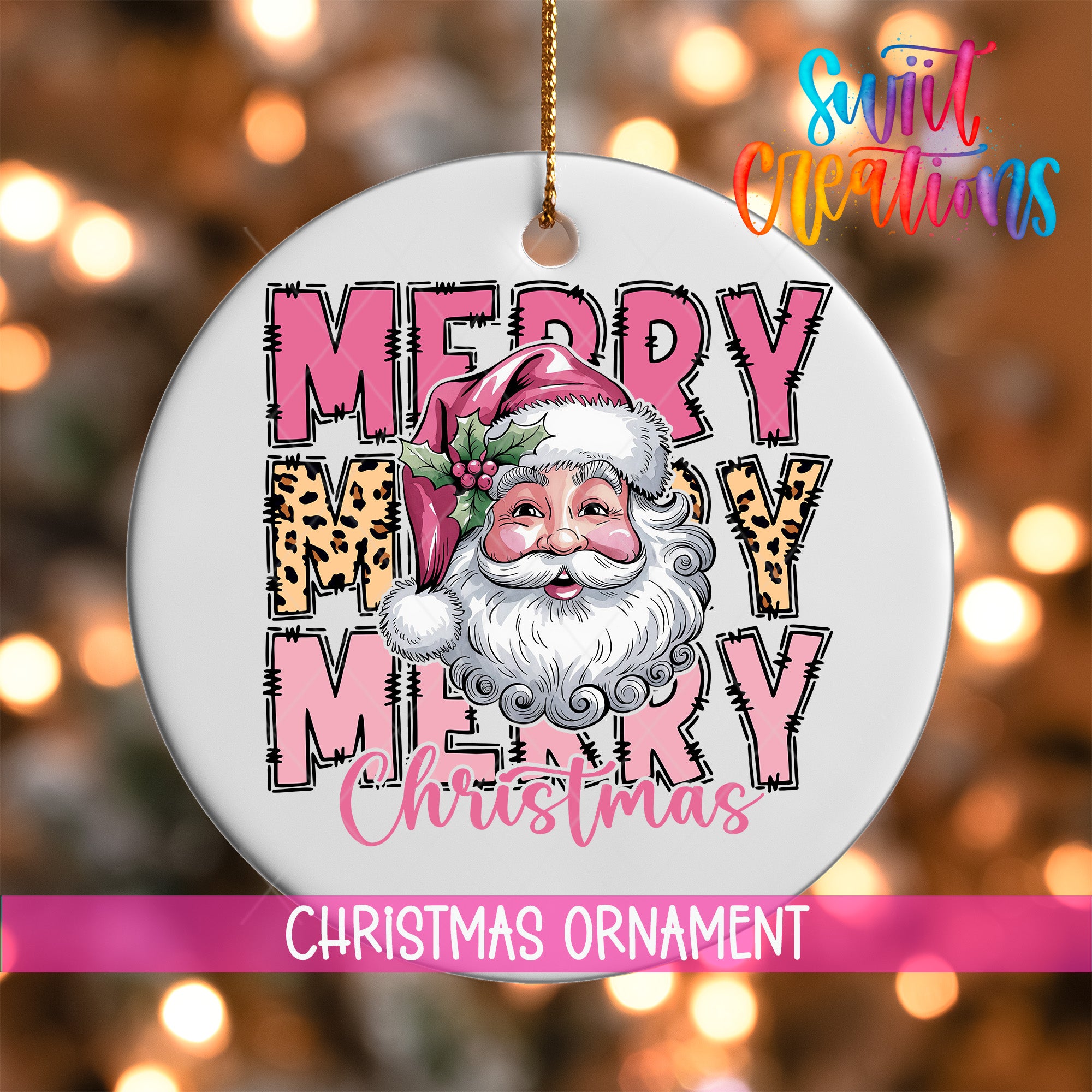 A Christmas ornament with a Santa Claus face and the text "MERRY MERRY CHRISTMAS" printed on it.
