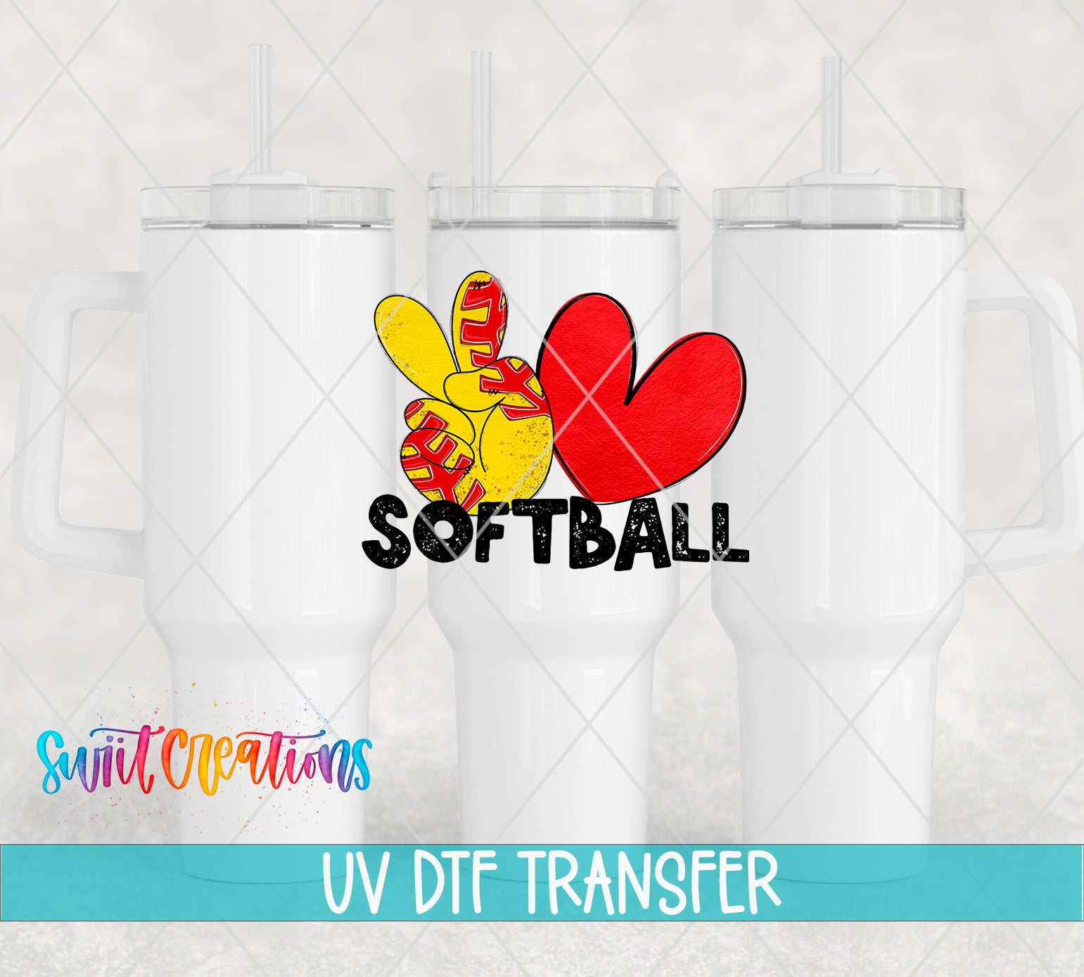 three white tumblers with a vibrant design on them, including a red heart and the word "SOFTBALL".