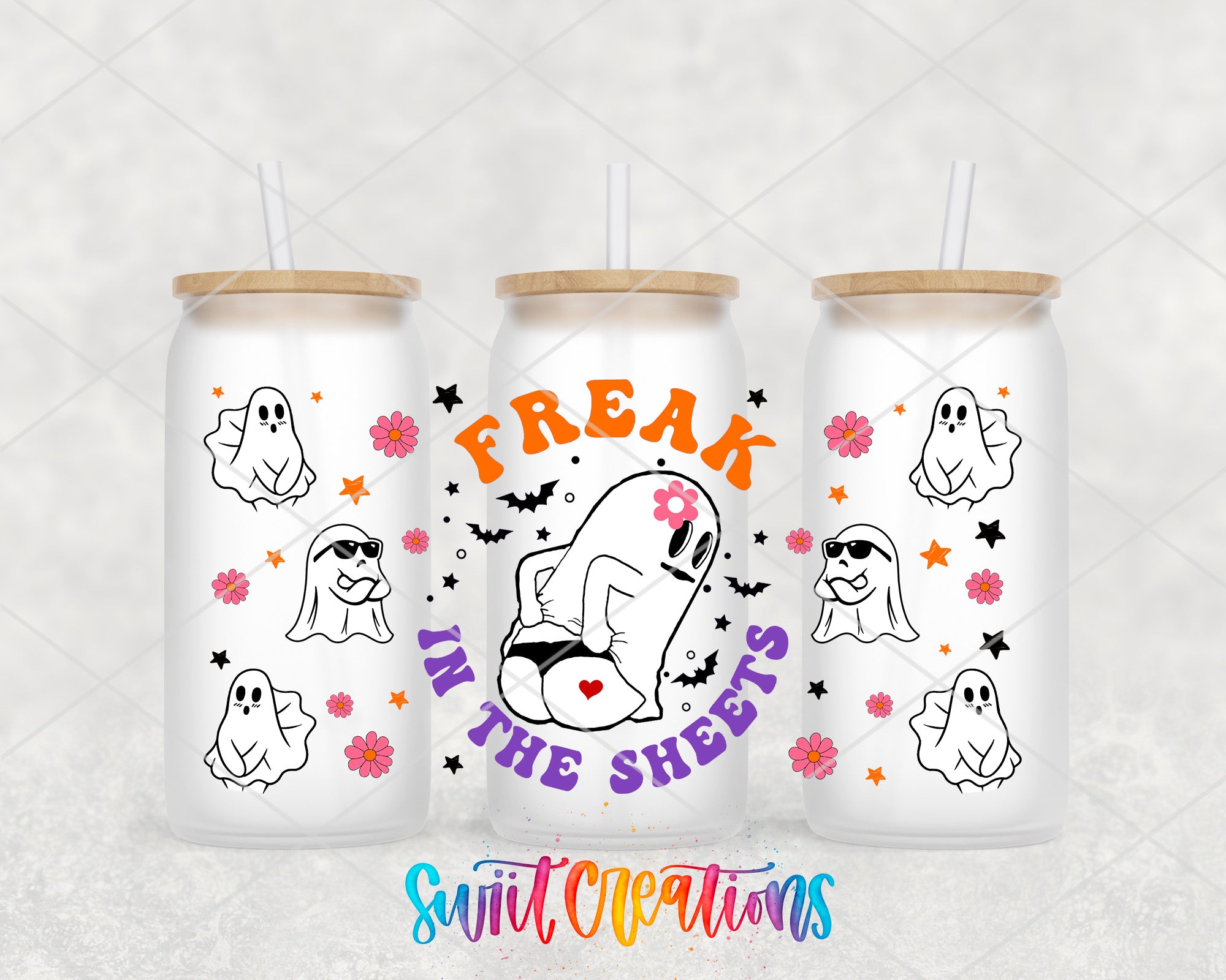 three white tumblers with a Halloween-themed design. The tumblers have ghost illustrations and the text "Freak in the Sheets" printed on them.