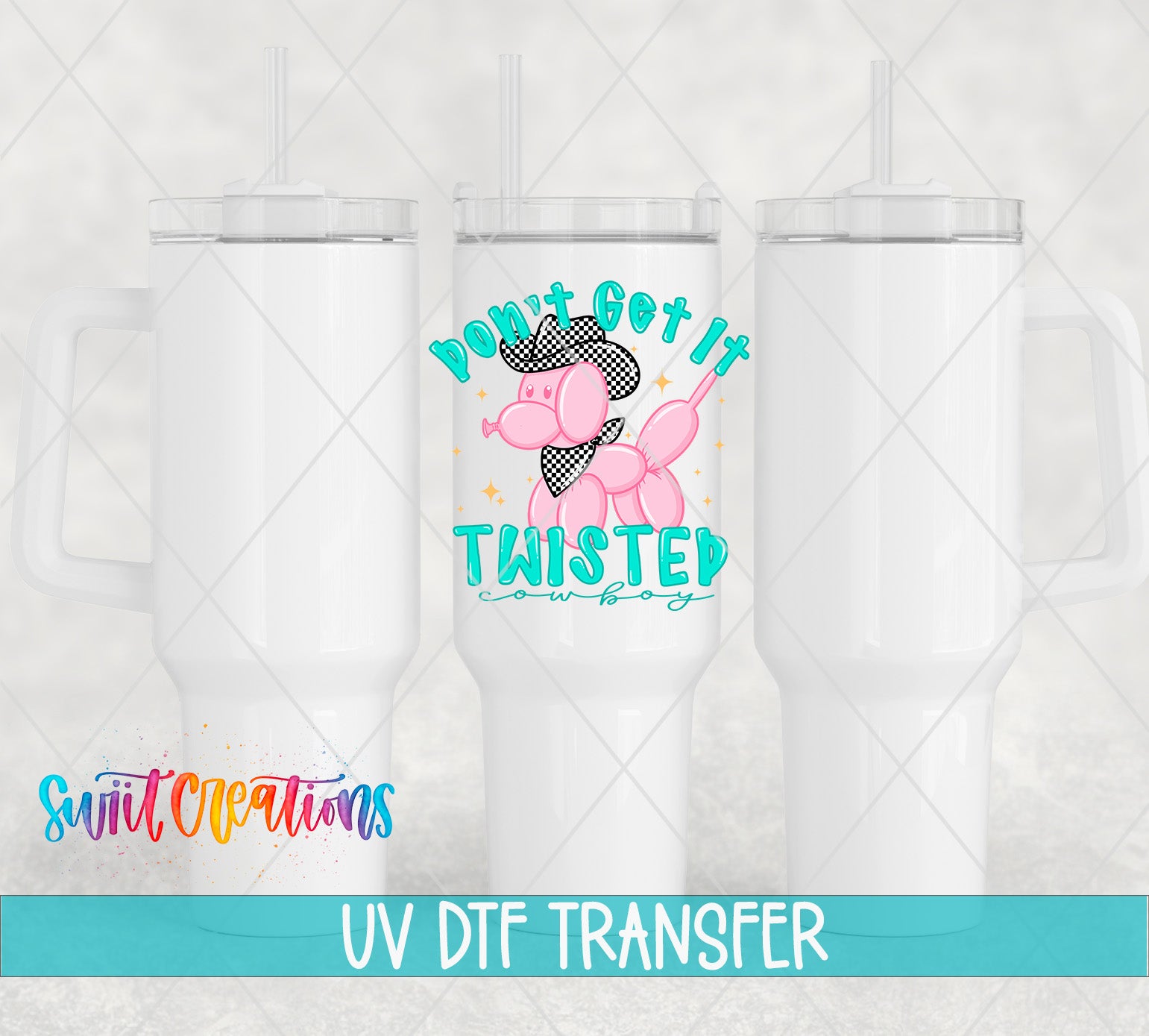 three white tumblers with a colorful design and straws.
