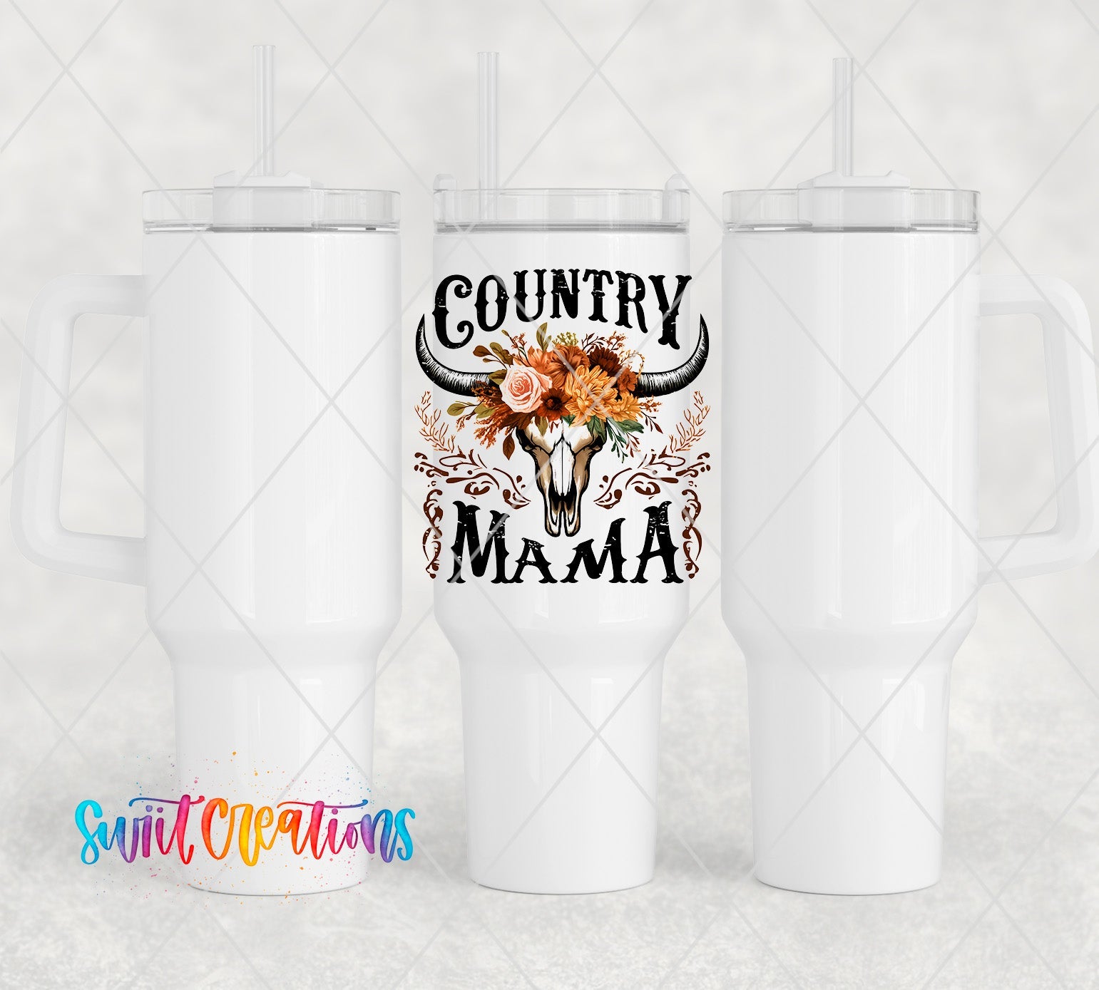 two white tumblers with the words country mama on them