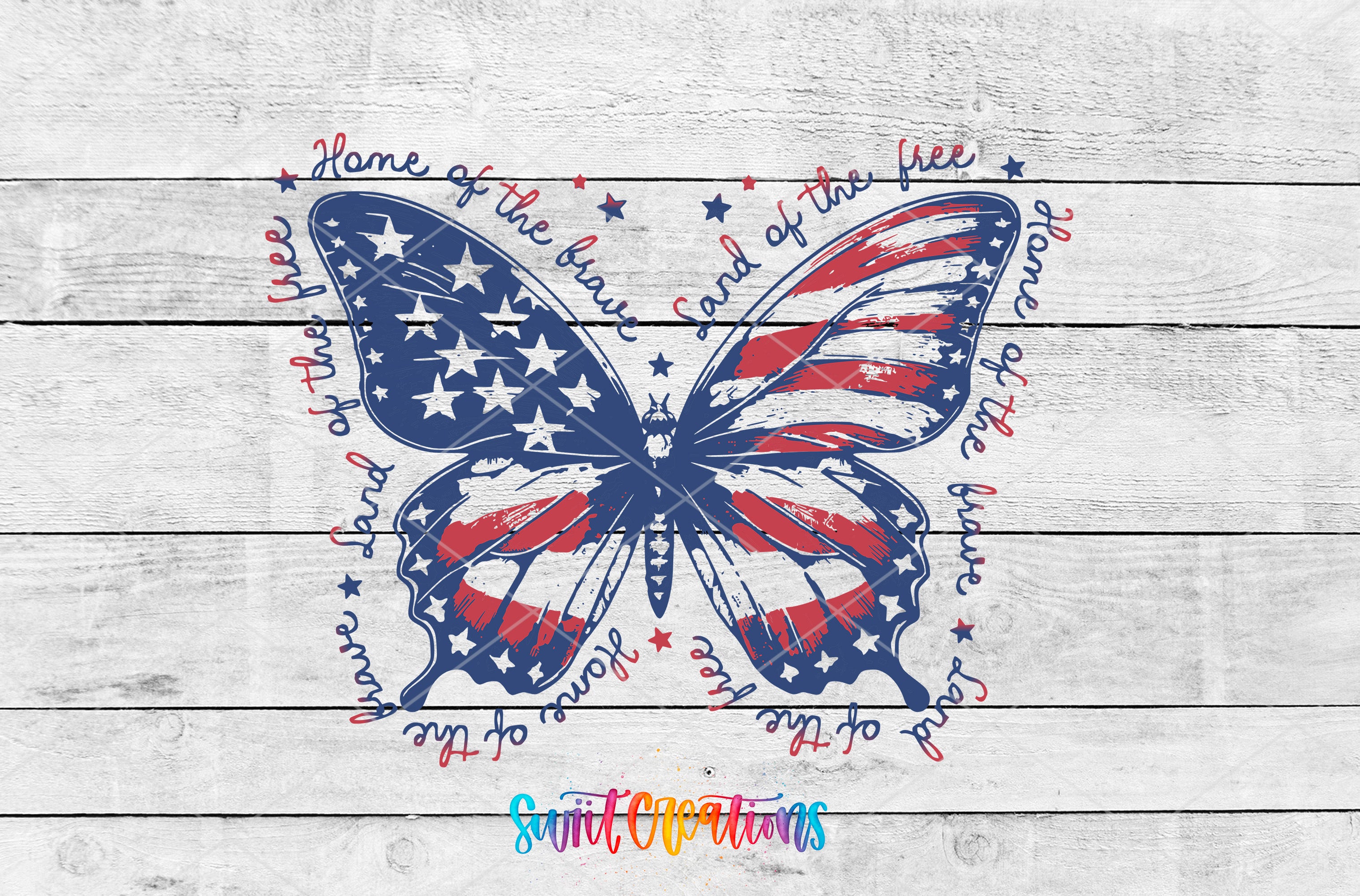 a butterfly with an American flag design, surrounded by patriotic phrases such as "Home of the free", "Land of the free", and "Land of the free".