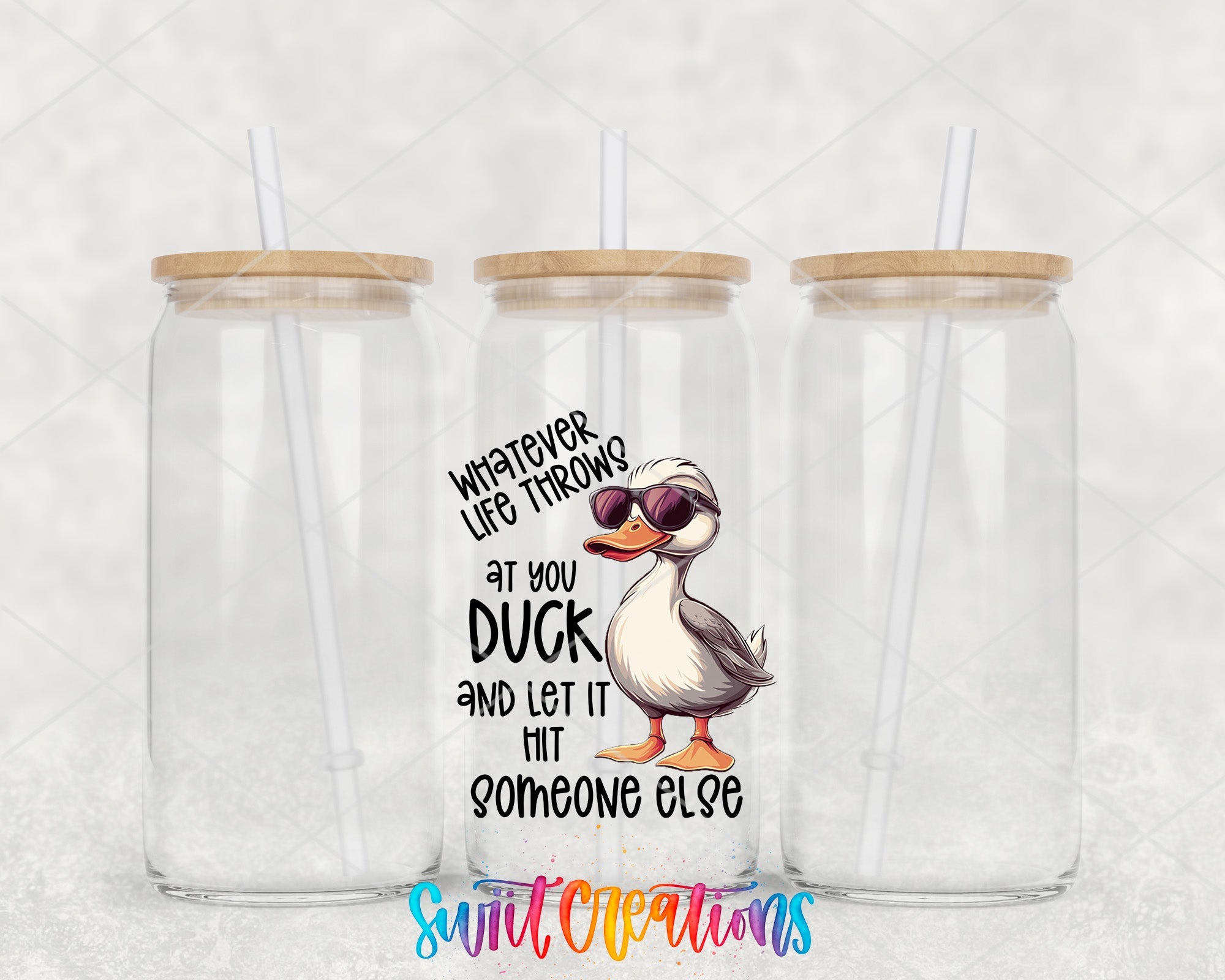 two clear tumblers with a picture of a duck wearing sunglasses