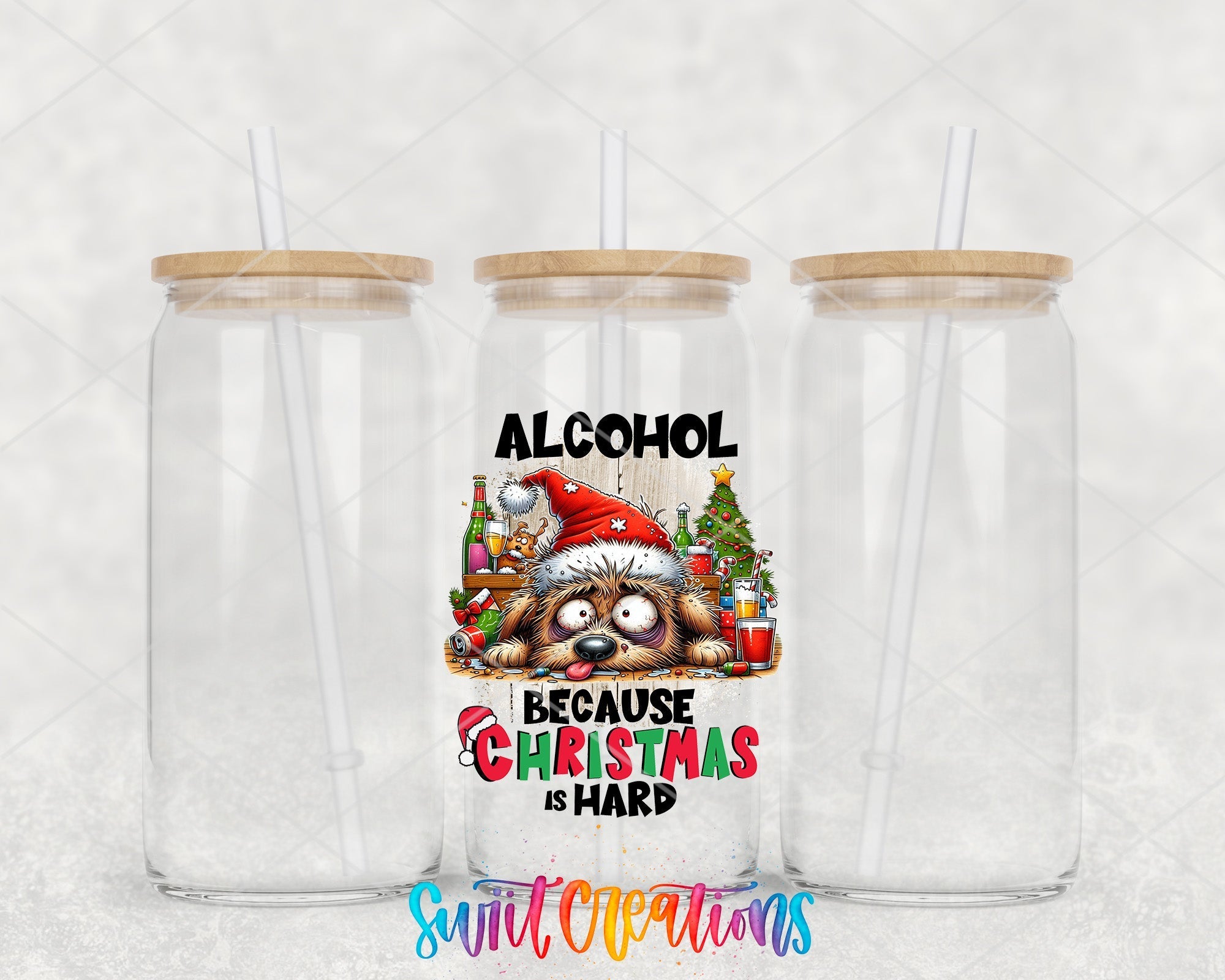 two clear tumblers with a christmas themed label on them