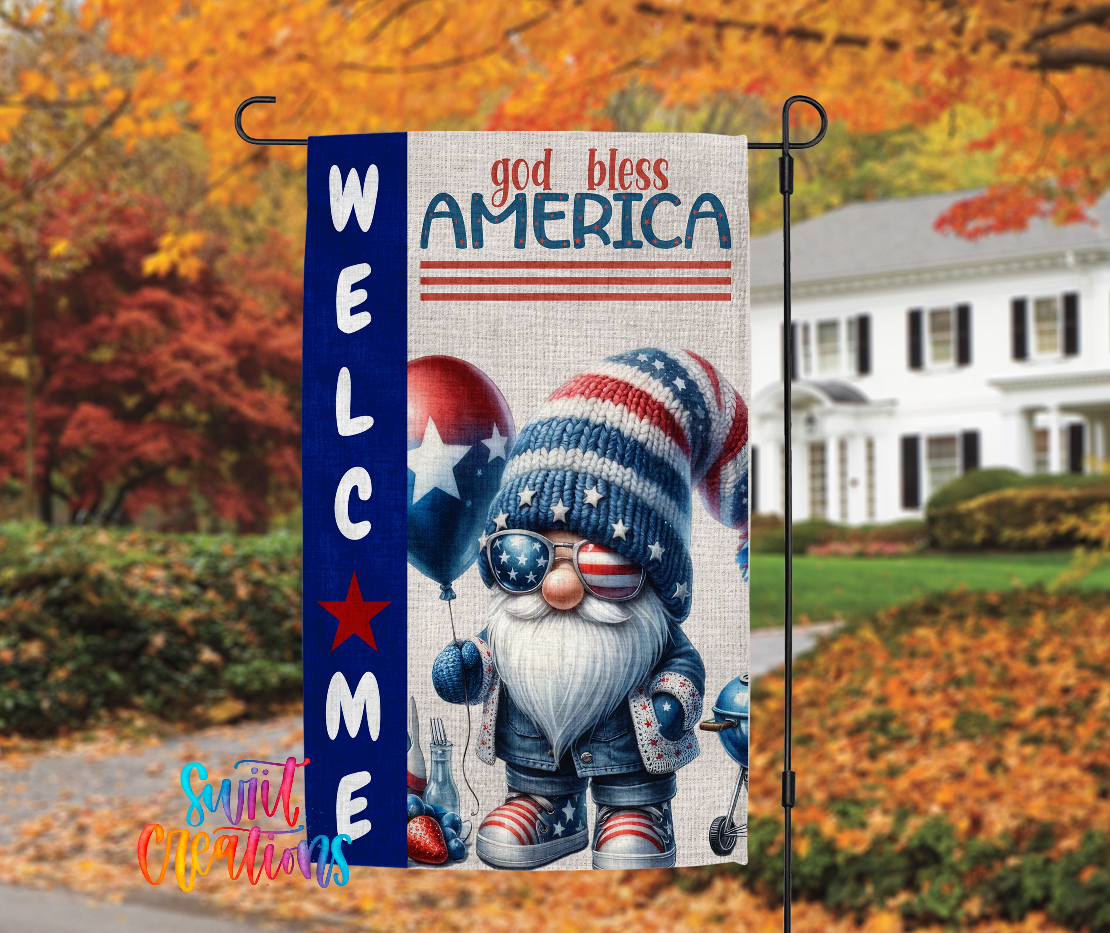 A welcome banner featuring a gnome wearing sunglasses and holding a balloon, with the text "God Bless America" displayed prominently.