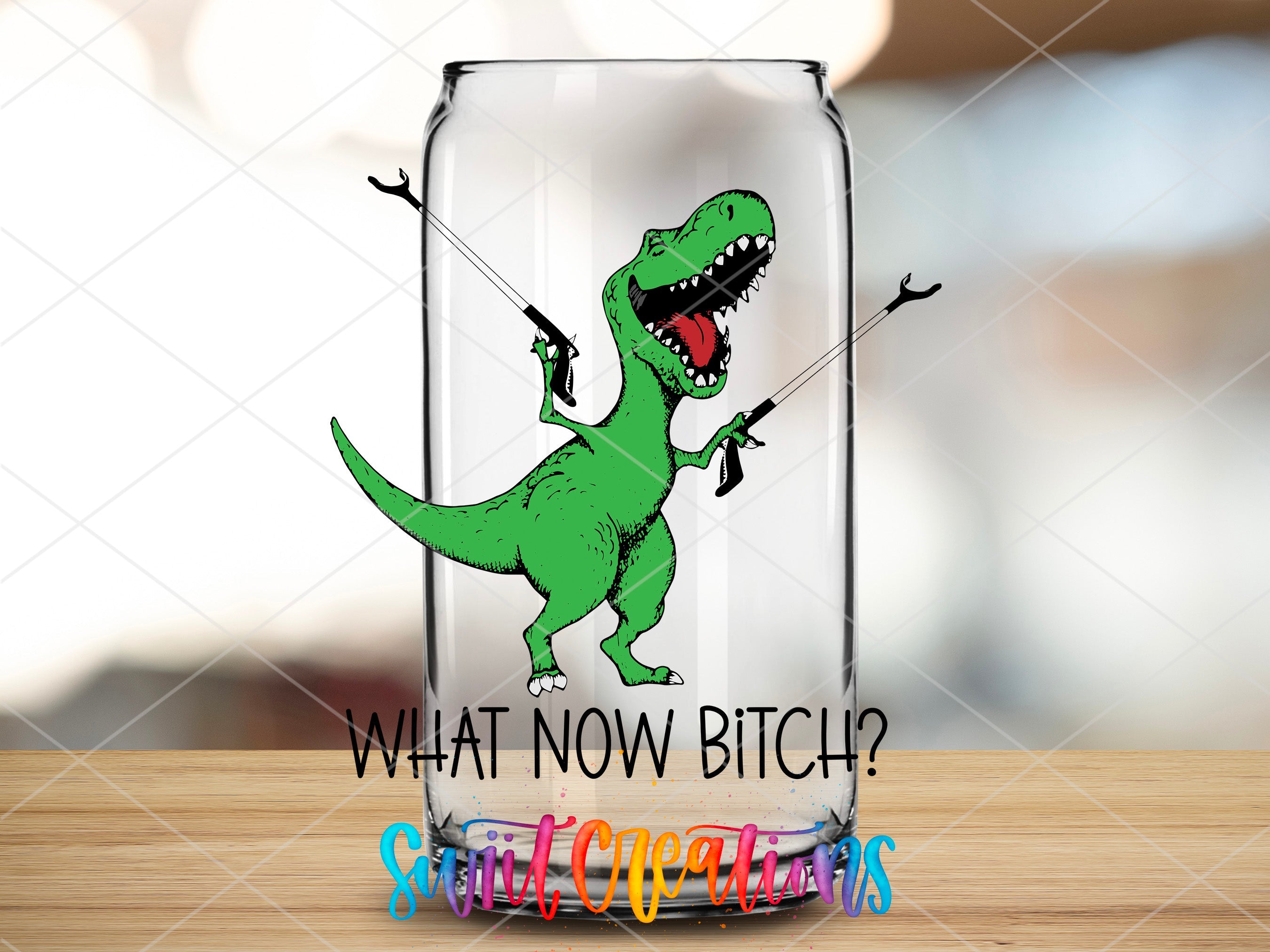 a glass jar with a cartoon dinosaur inside of it
