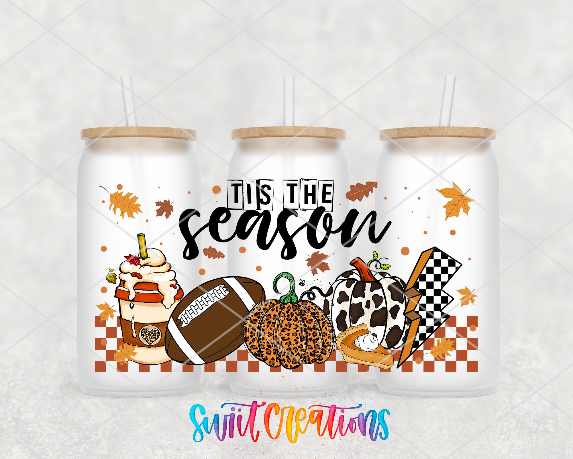 A collage of three images featuring a football, pumpkin, and other fall-themed objects, along with the text "TIS THE SEASON" and a checkered flag design.