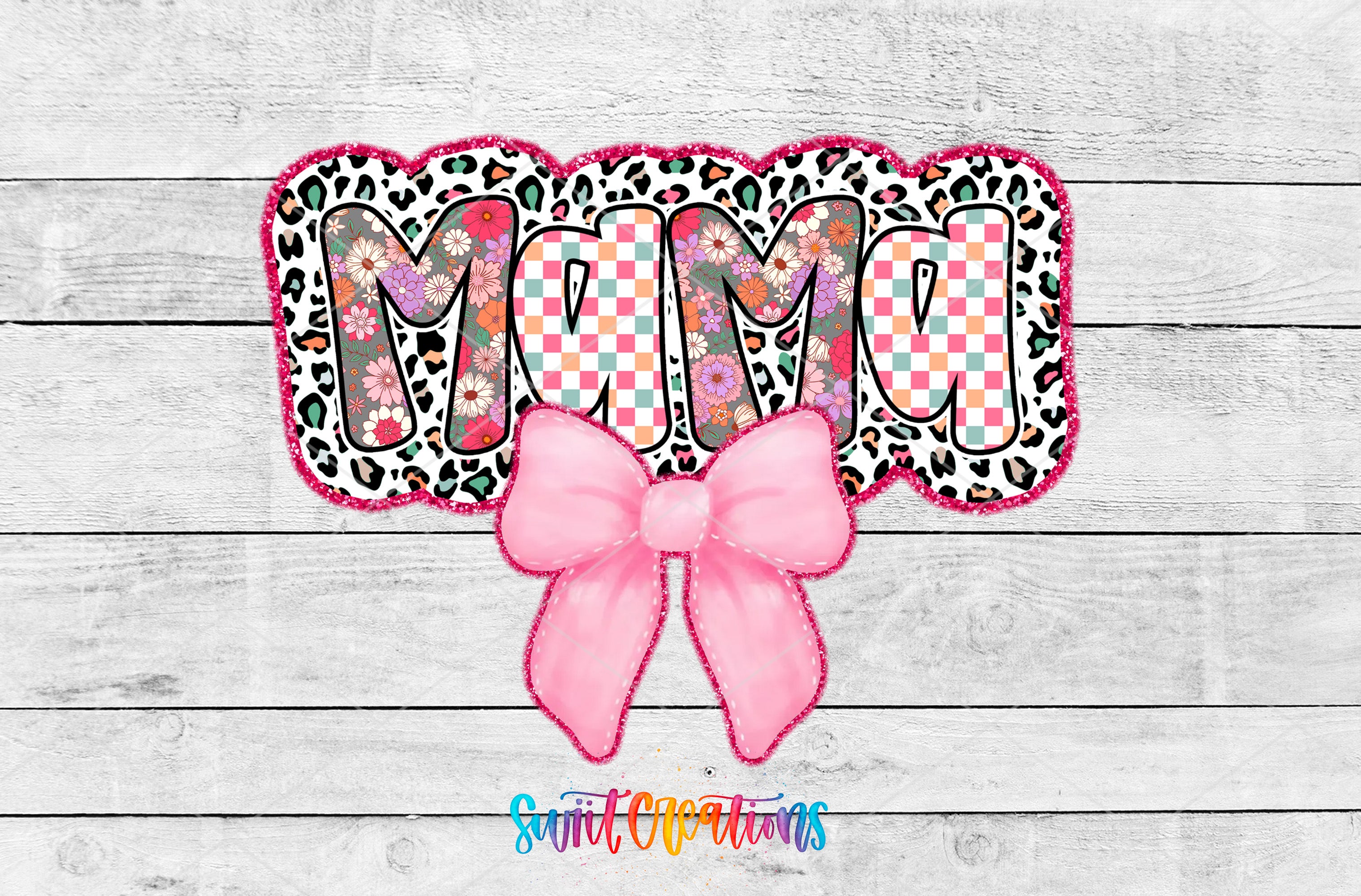 the word mom with a pink bow on it