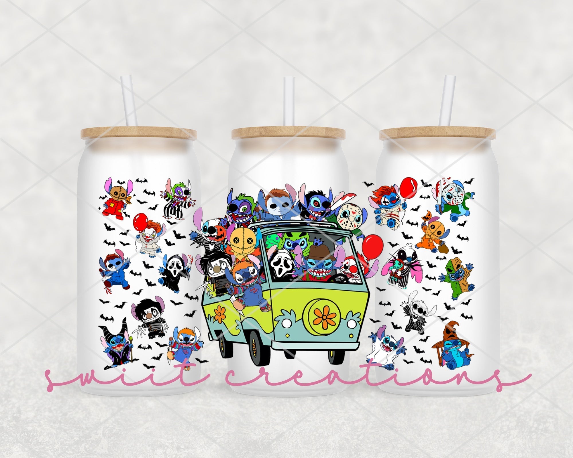 a couple of cups with some cartoon characters on them