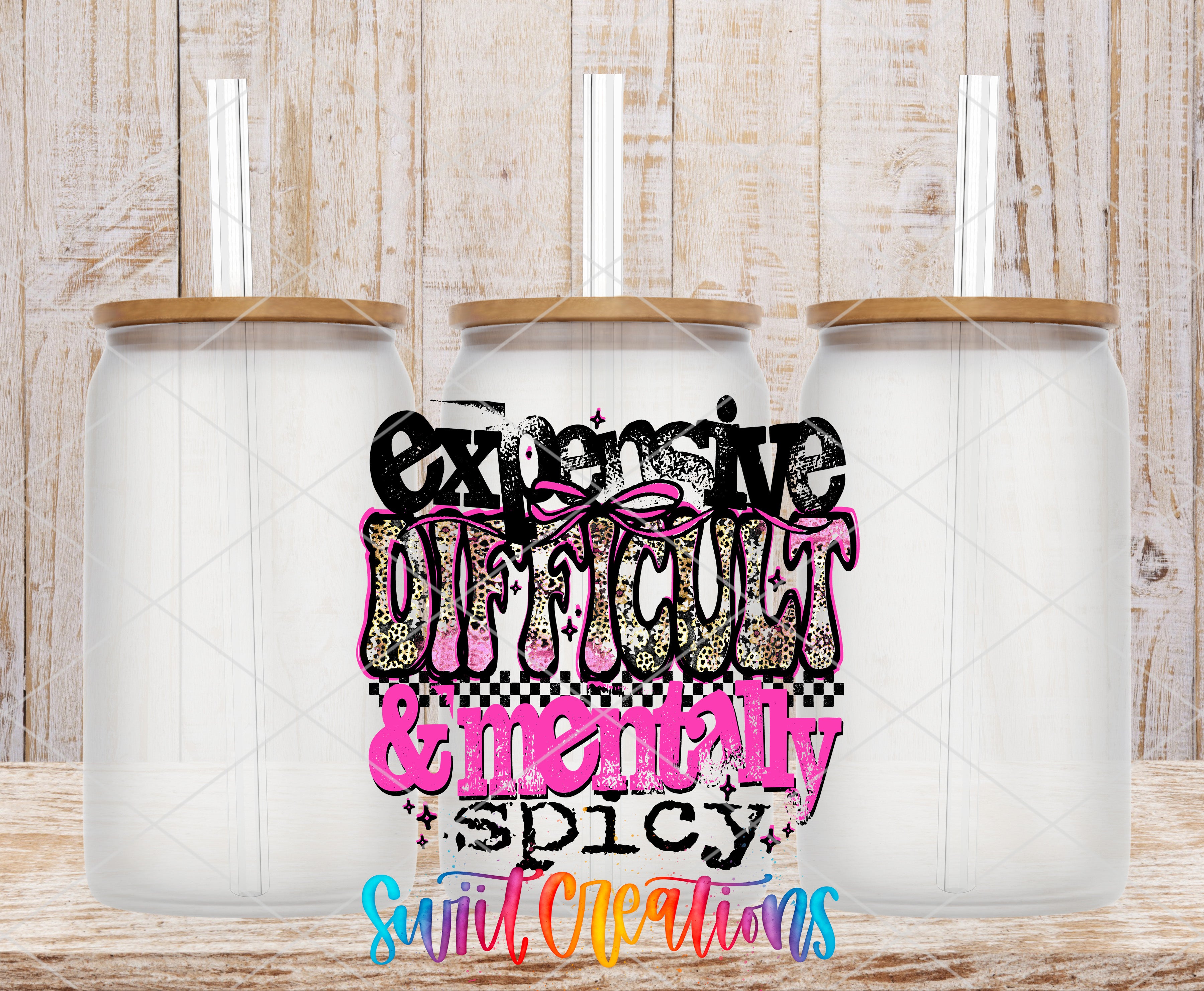 three glass jars with lids, arranged in a row against a wooden background. The jars appear to be empty, and there is a colorful, stylized text overlay in the center of the image.