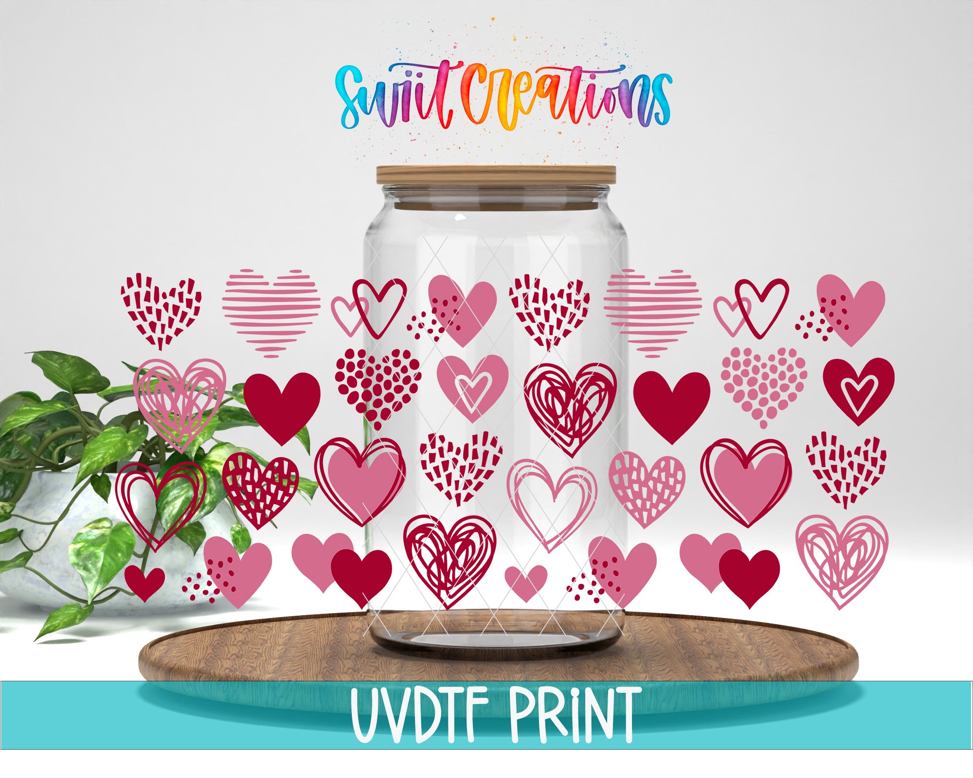 a jar filled with hearts sitting on top of a table