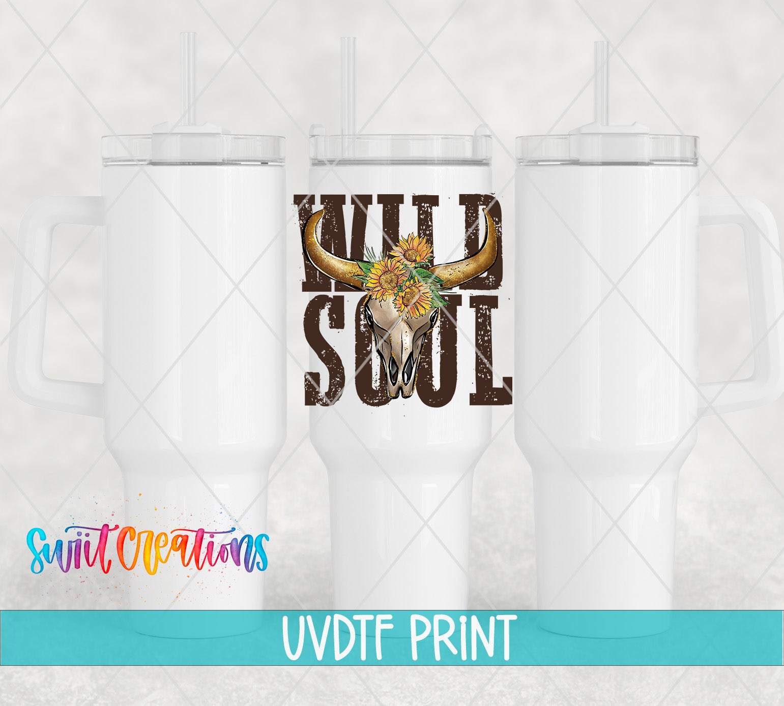 a white ceramic mug with a printed design on it, including a skull and sunflowers. The mug is placed against a light background, and there is text at the bottom of the image that reads "Swit Productions UVDF Print".