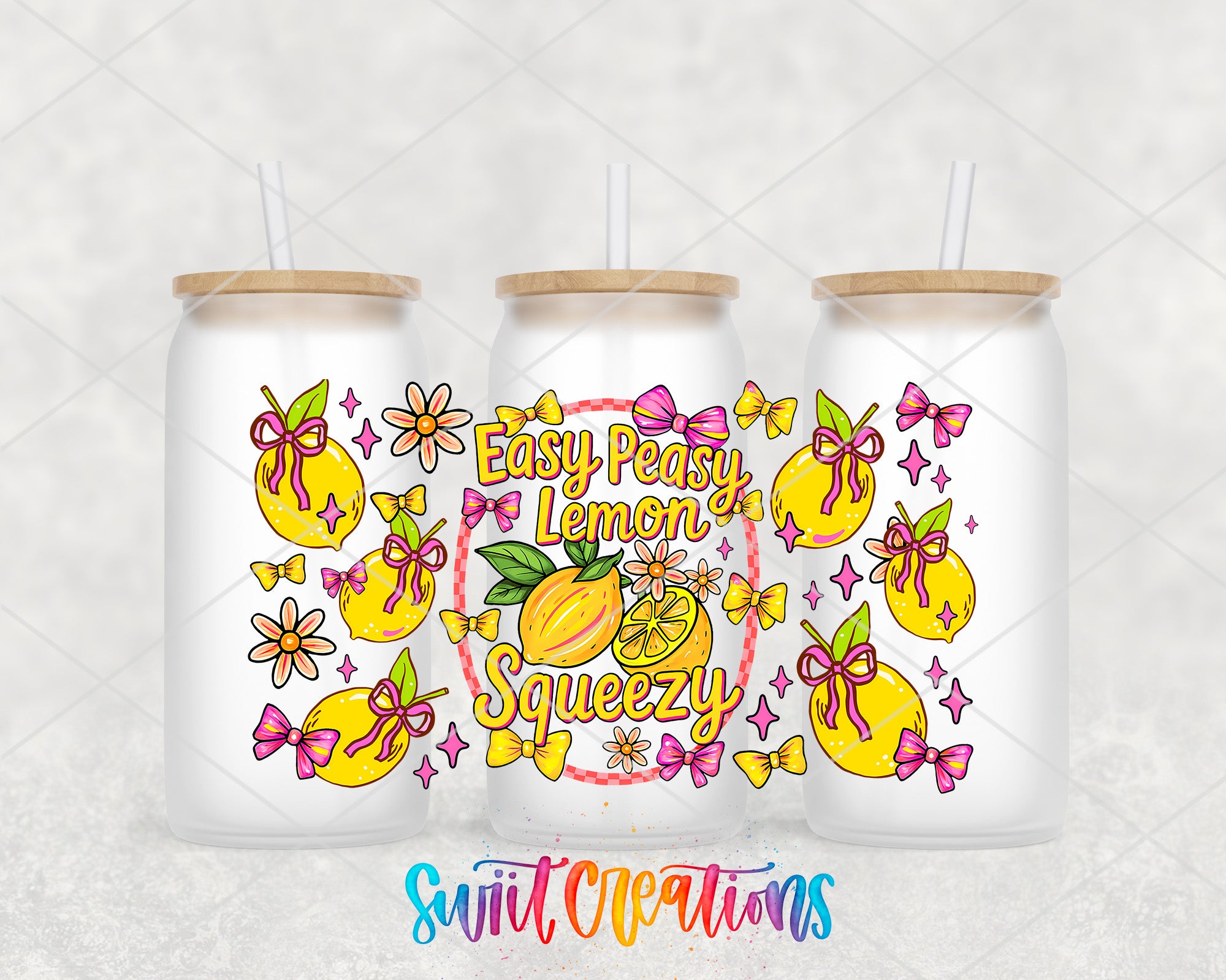 three glass jars with a lemon theme, each adorned with a bow and various lemon-related illustrations. The jars are arranged in a row, and the text "Easy Peasy Lemon Squeezy" is prominently displayed on the front of each jar.
