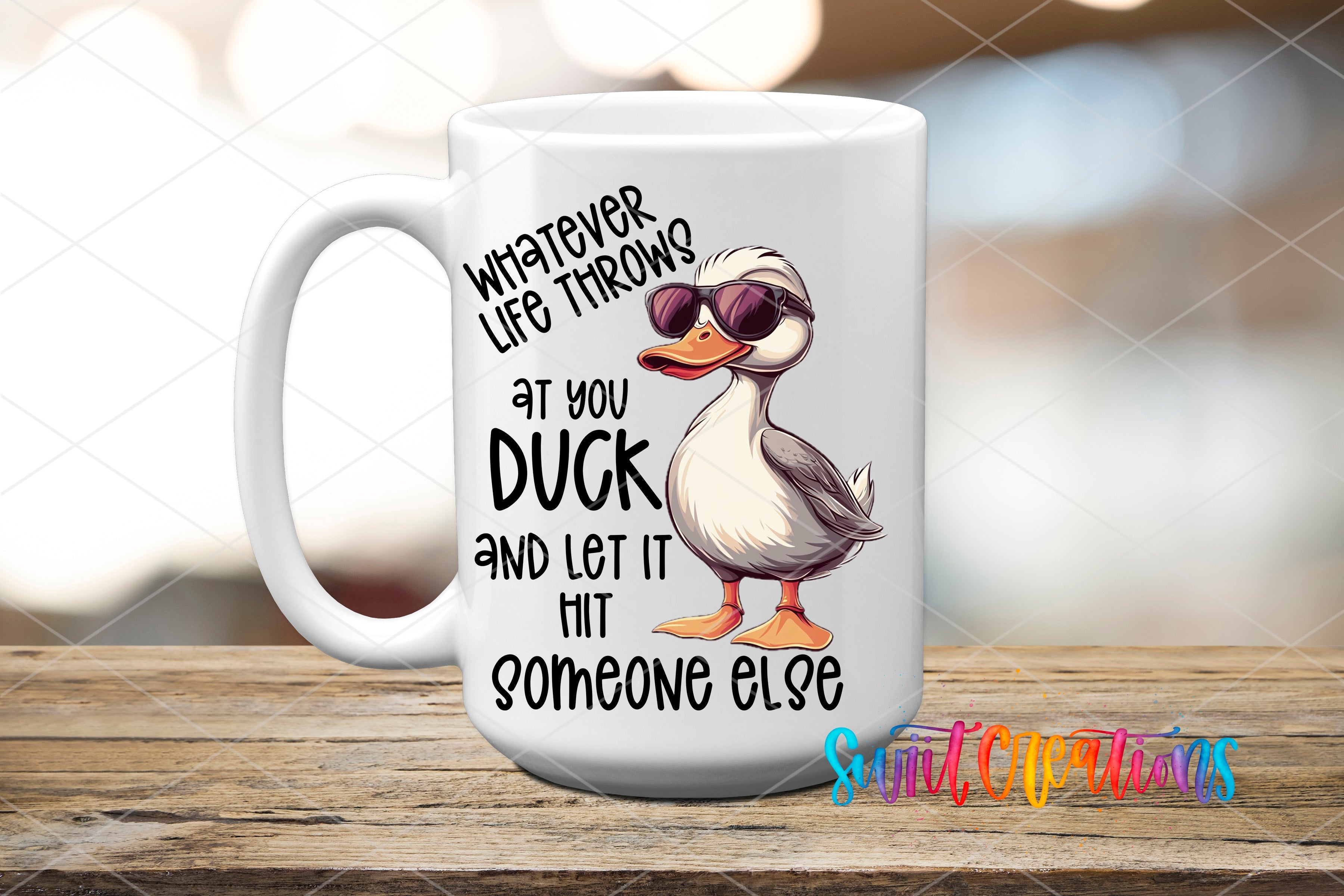 a white coffee mug with a duck wearing sunglasses