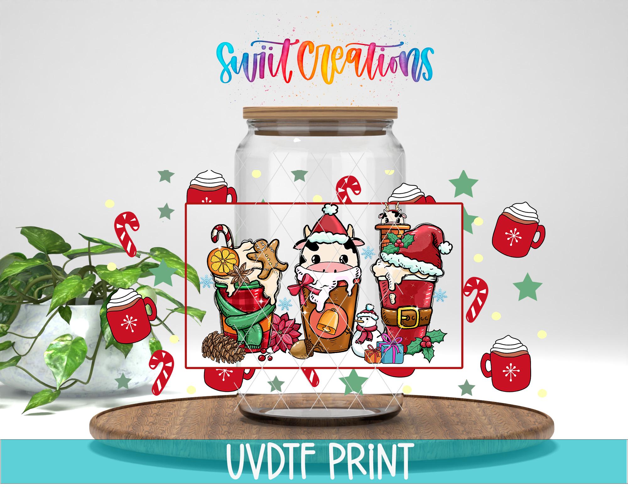 a glass jar with a picture of santa claus and other christmas items