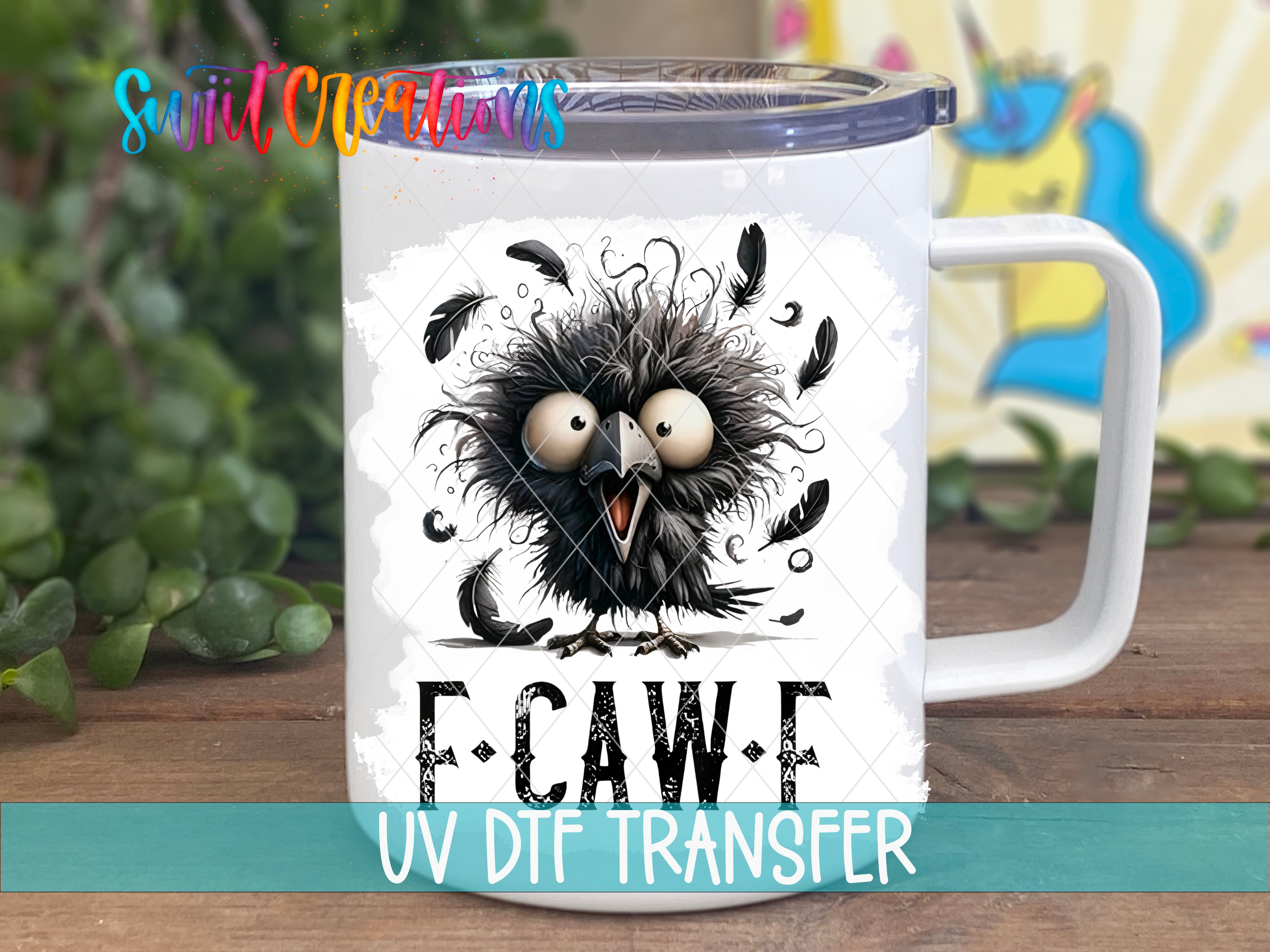 A mug with a cartoon image of a bird with a comical expression, surrounded by feathers, and the text "F-CAW-F" printed on it.
