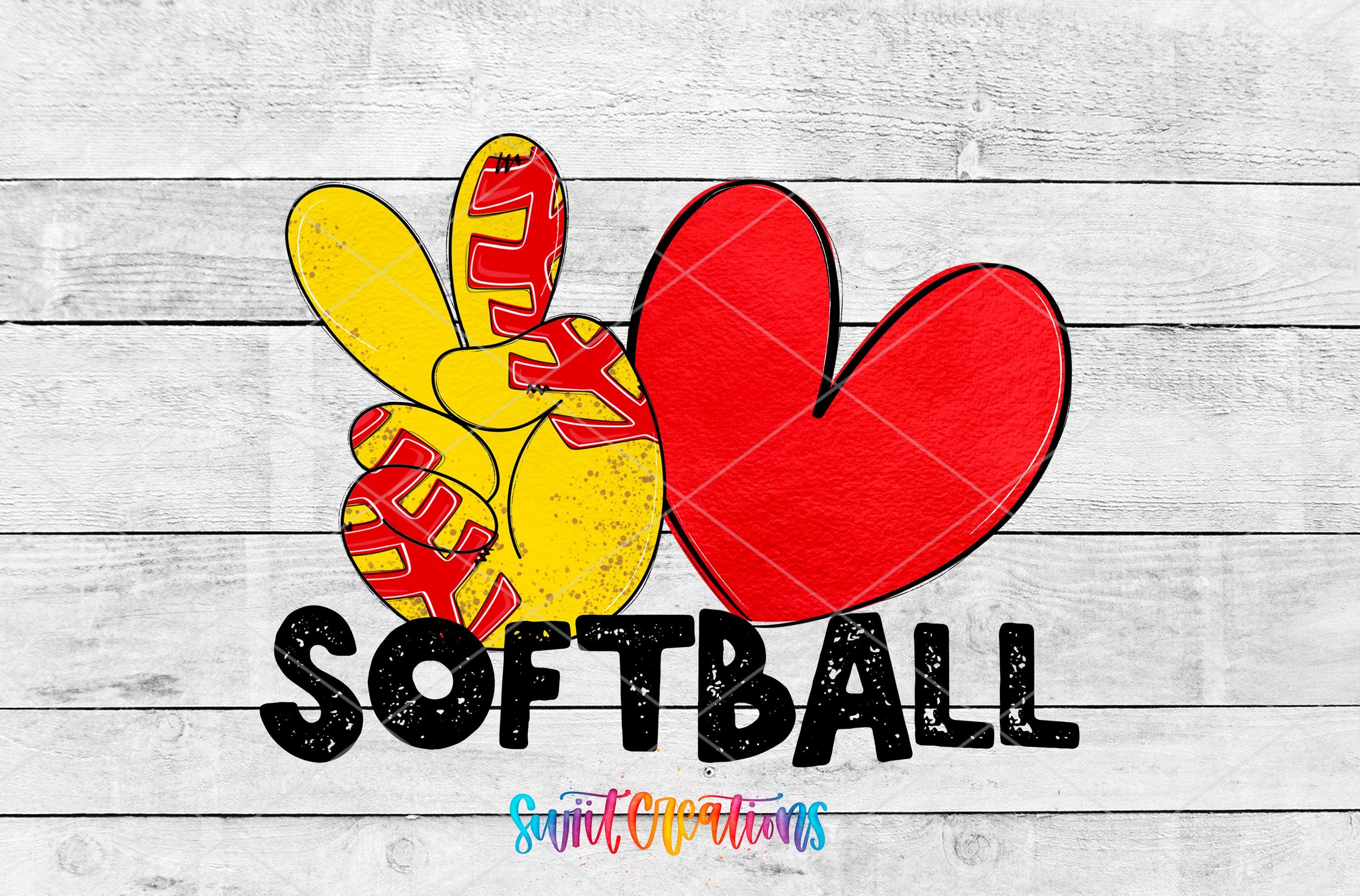 a hand gesture with a peace sign and a large red heart, accompanied by the text "SOFTBALL" in bold letters.
