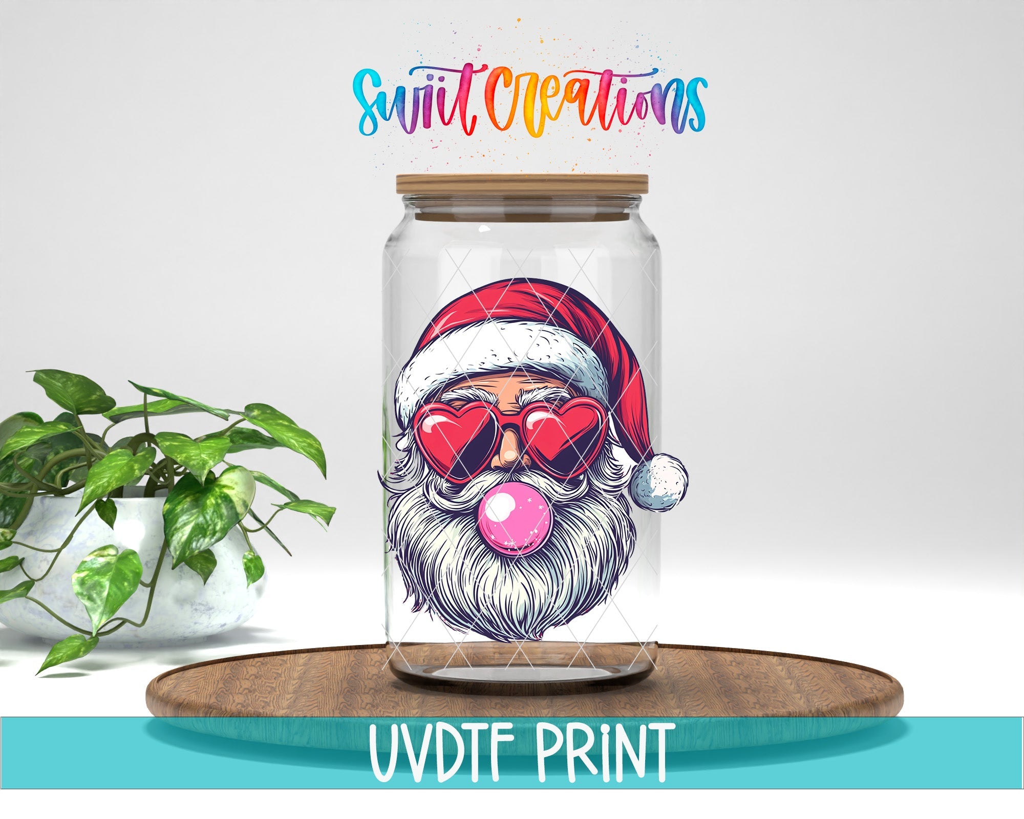 a glass jar with a santa clause on it