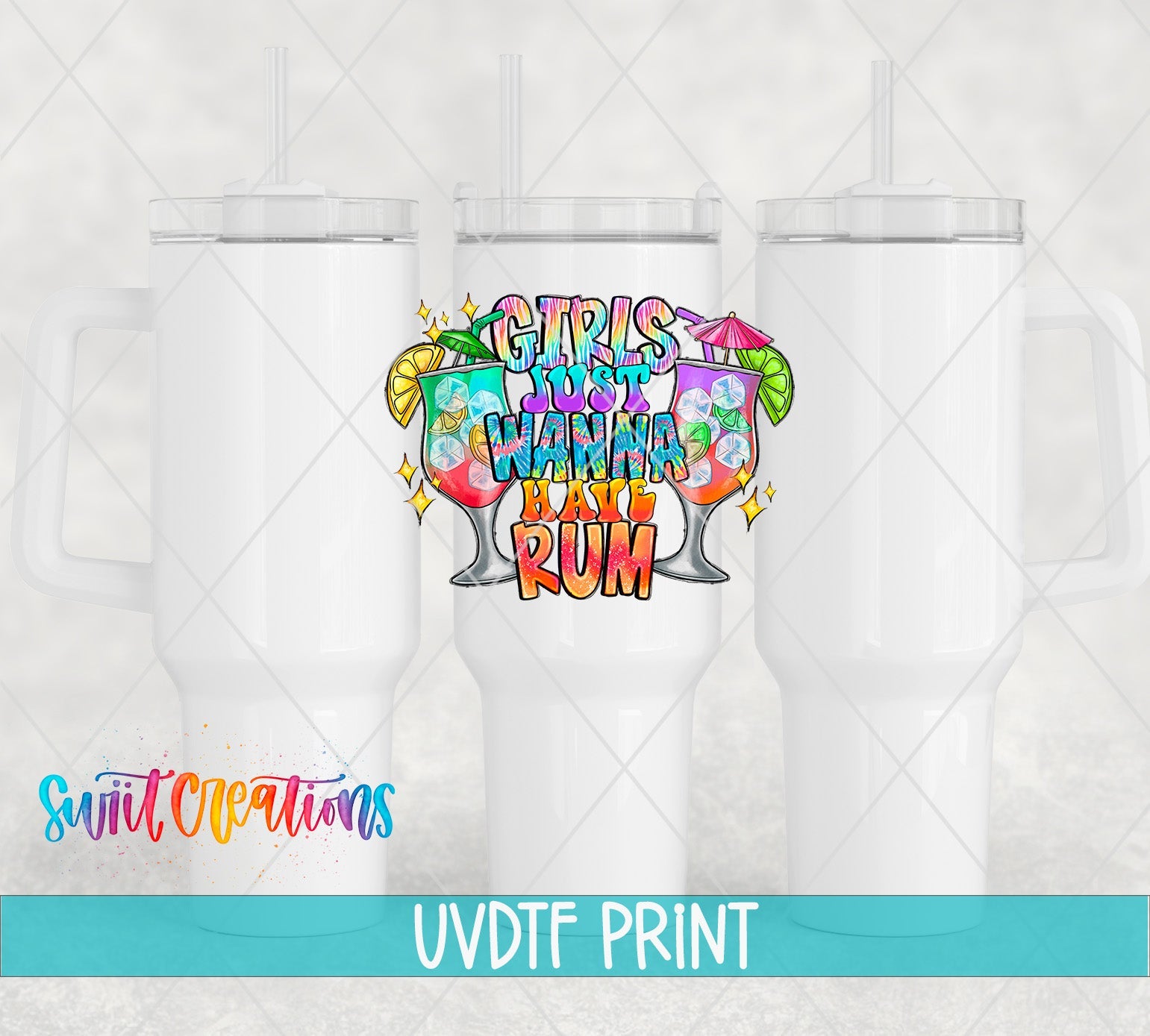 three white tumbles with colorful lettering and a blue ribbon
