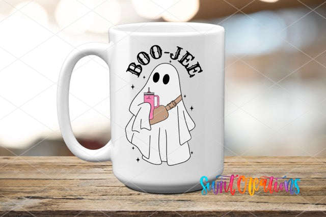 a white coffee mug with a ghost holding a drink