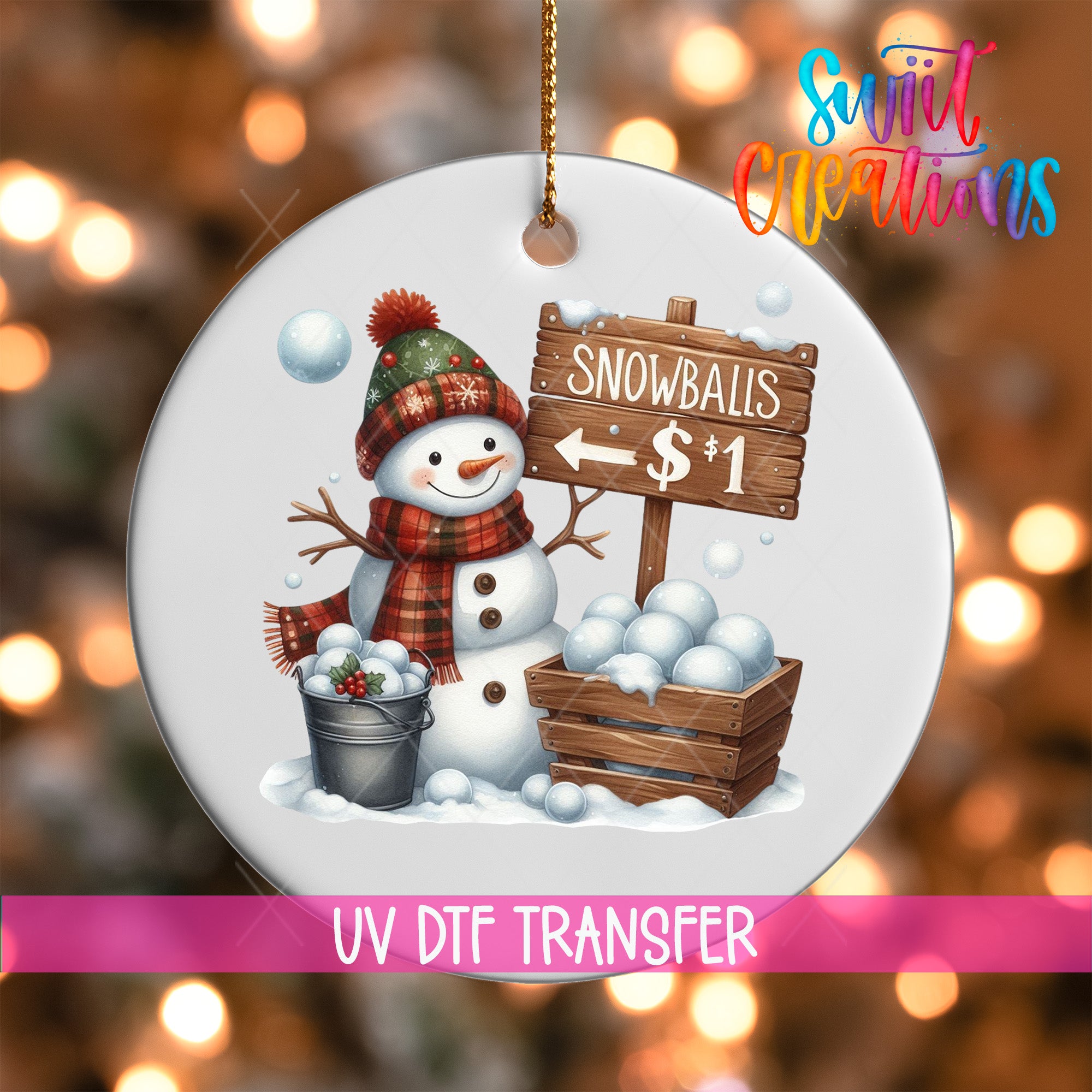 A snowman holding a sign that says "Snowballs $1" and a bucket of snowballs, with a wooden crate nearby.