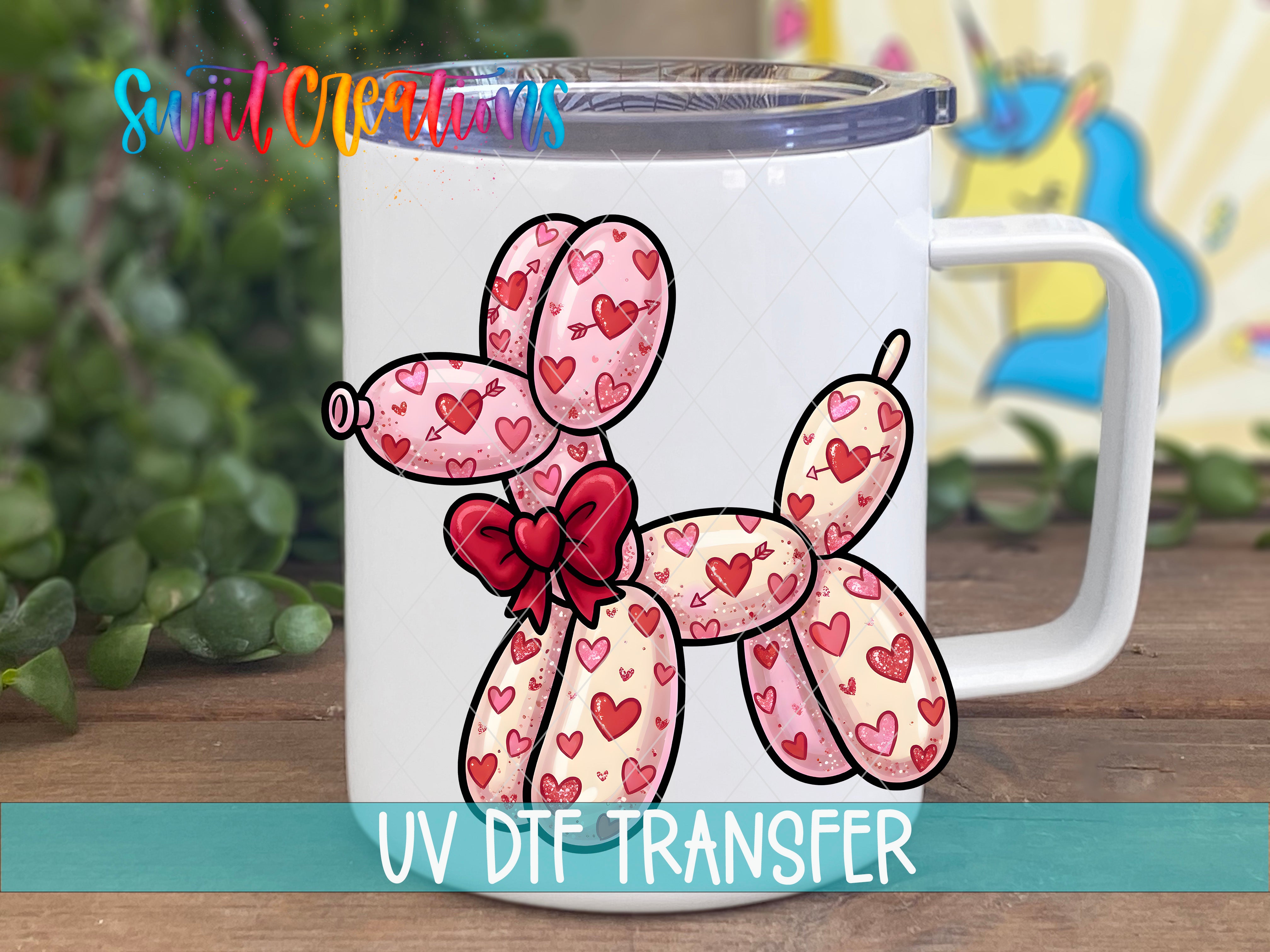 A white mug with a cartoon image of a heart-shaped balloon dog printed on it.