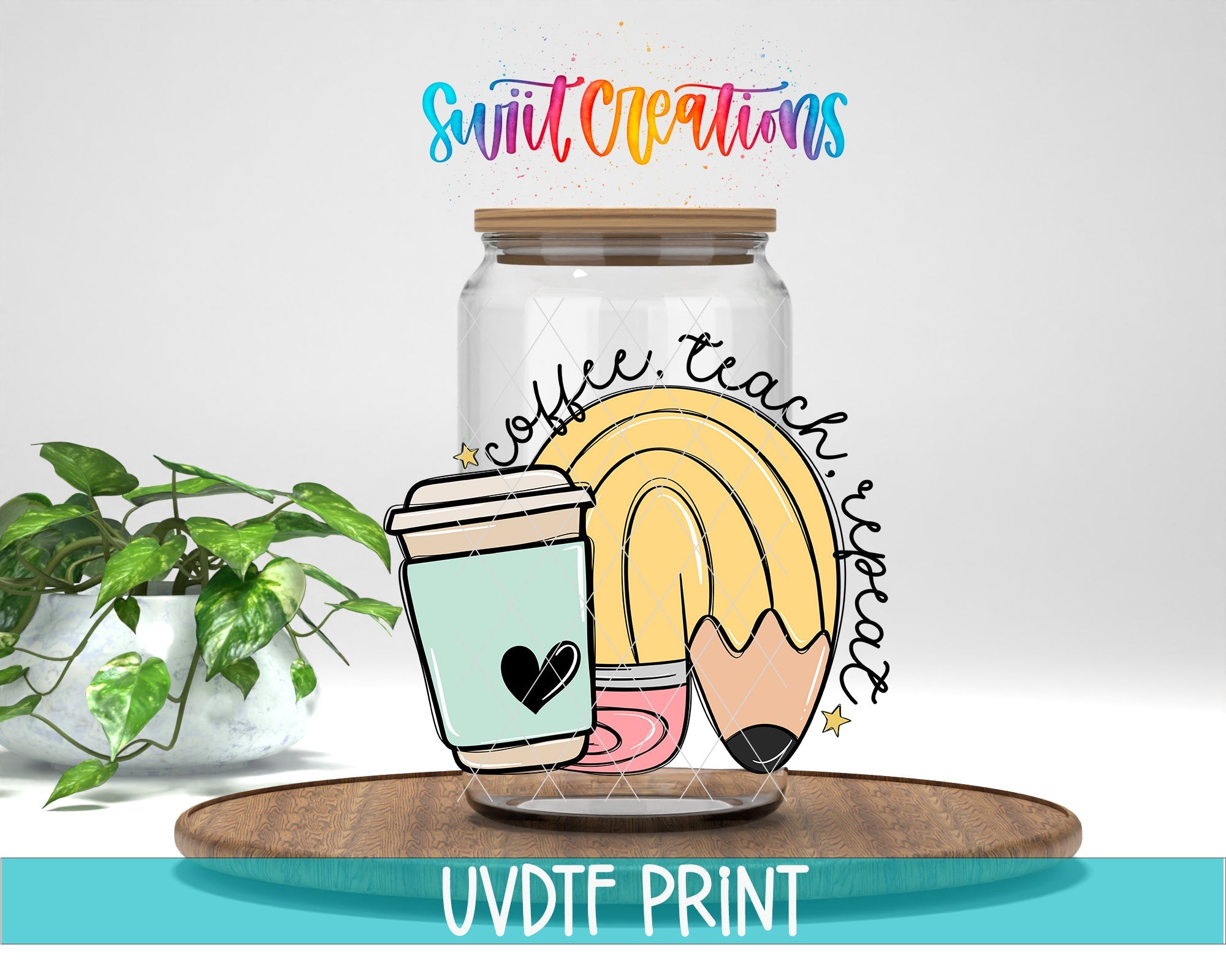 a glass jar with a drawing of a coffee cup and a pencil