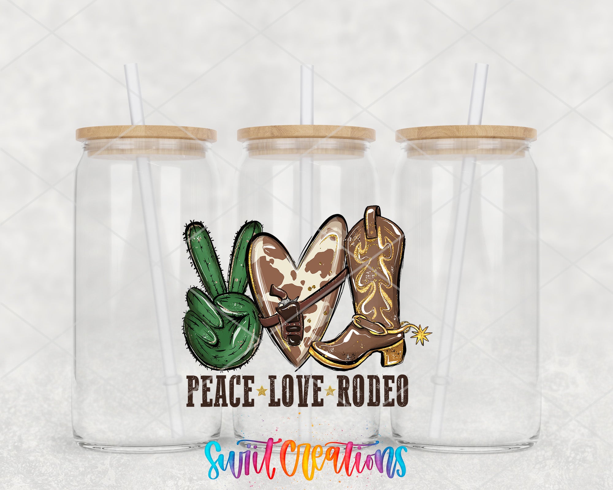 two clear tumblers with a peace love rodeo design