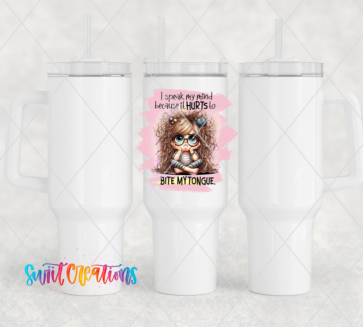 a white tumbler cup with a picture of a girl on it