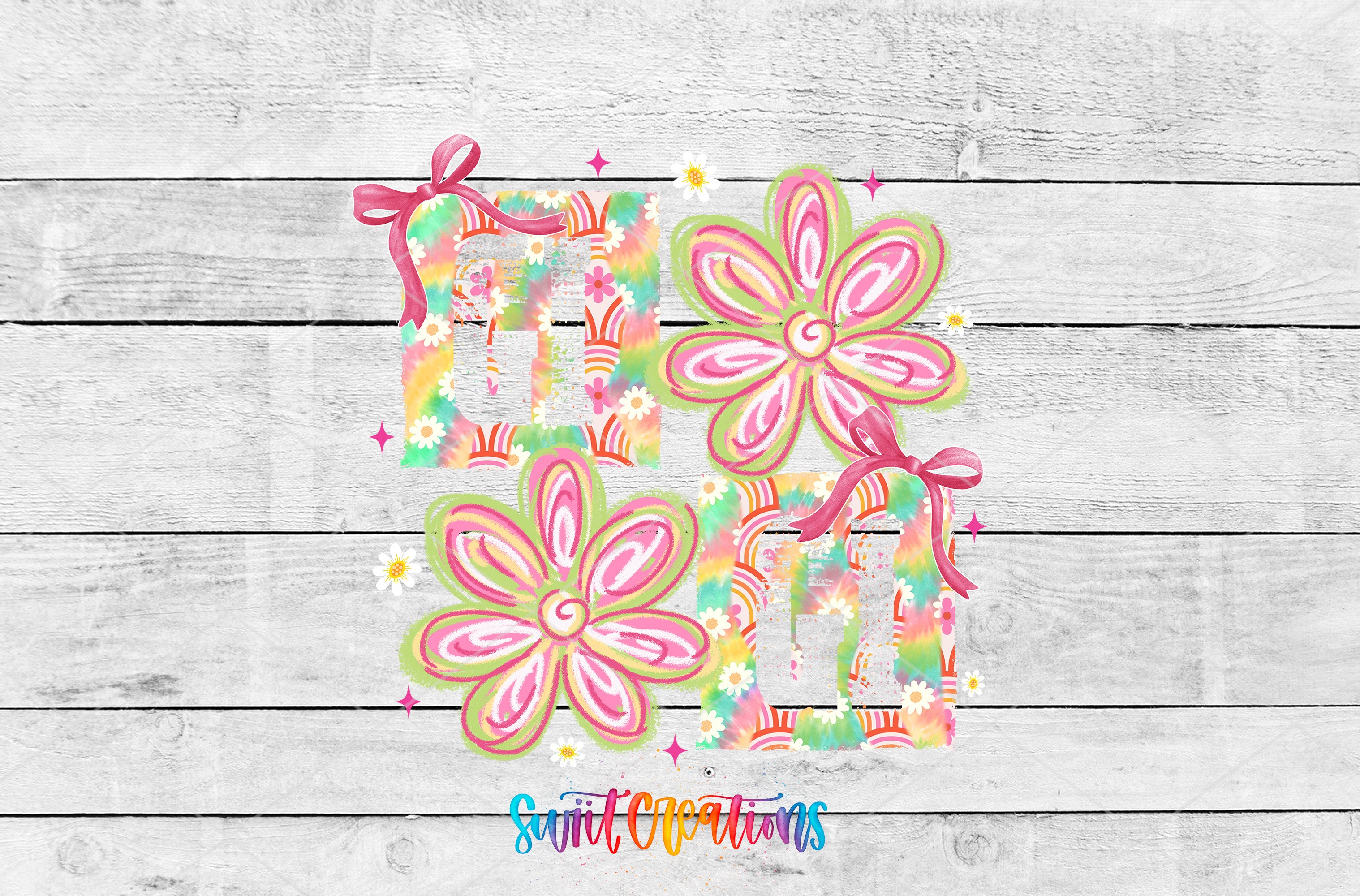 A colorful and whimsical arrangement of flowers and ribbons against a white wooden background.