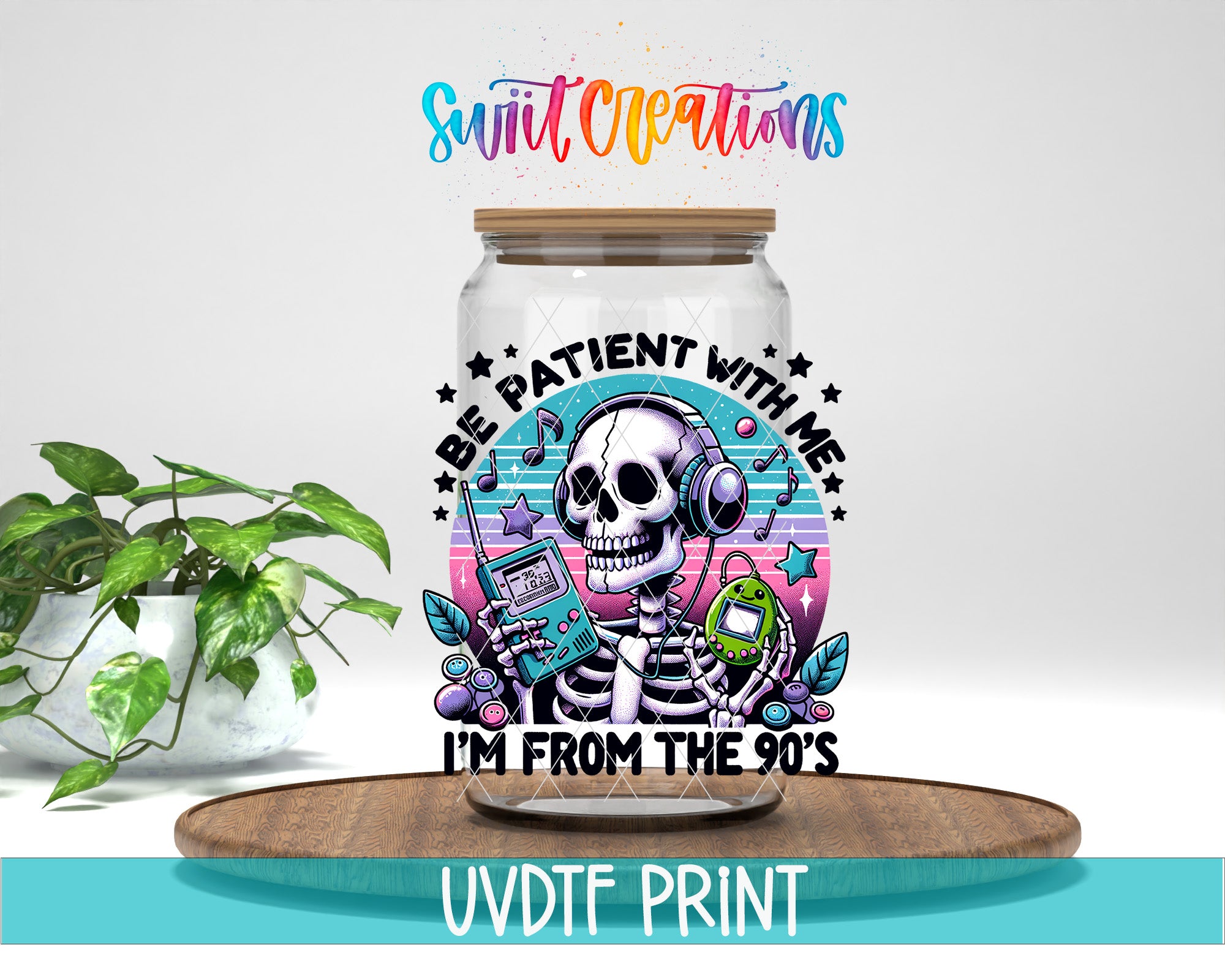 A glass jar with a skeleton wearing headphones and holding a guitar, surrounded by colorful text and graphics, placed on a wooden surface.
